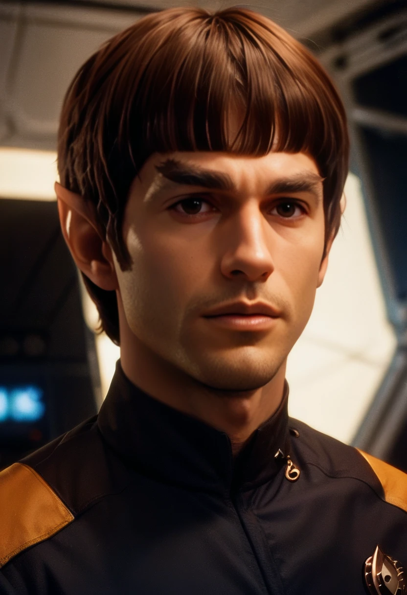 source_9, source_8_up, source_7_up, source_6_up, vulc4n, on a spacecraft, portrait, 1boy, pointy eyebrows, blunt bangs, brown hair, short hair, wearing a uniform  <lora:vulc4n-v4:1>