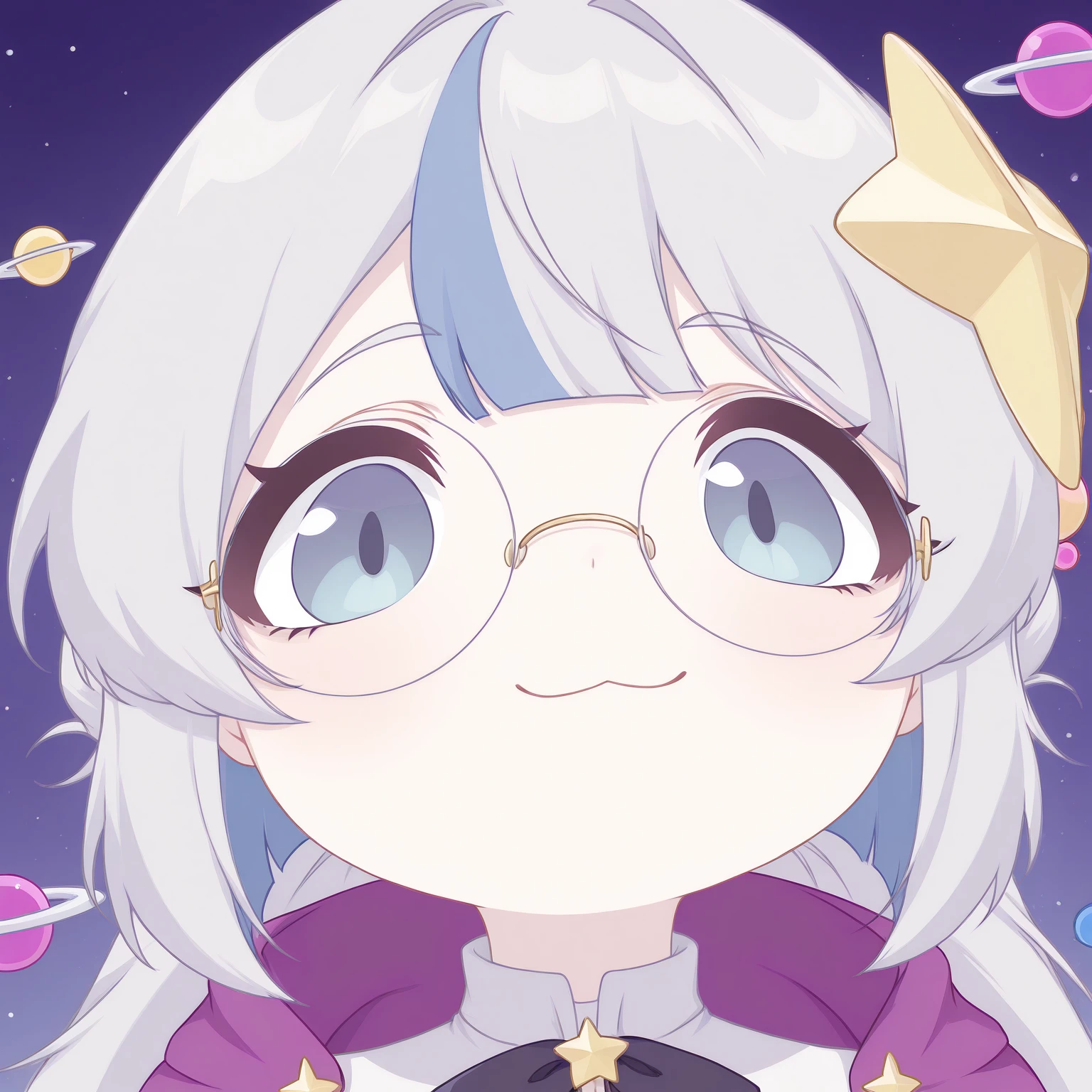 masterpiece, best quality, amazing quality, very aesthetic, high resolution, solo
Asteria-vkstickrs, silver hair, blue streak, glasses, white blouse, black ribbon bow, pink skirt, deep purple cape adorned with golden star-shaped accessories, Floating around her are small celestial orbs and planetary rings, mutsukiface, portrait, close-up, smile, :3, closed mouth, chibi
 <lora:meme_mutsukiface_illustriousXL:1>
 <lora:Asteria-vkstickrs_il:0.9>