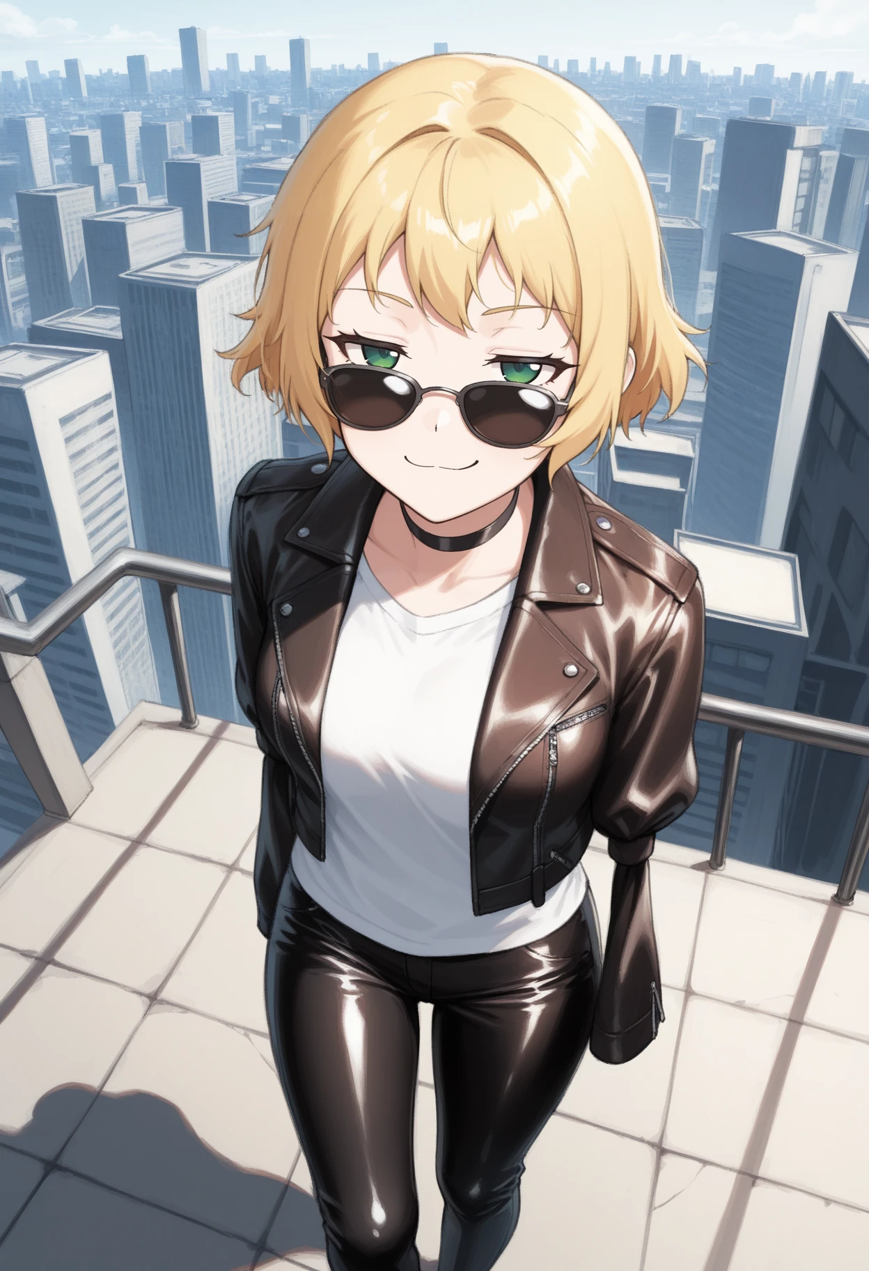 masterpiece, best quality, 1girl, solo, <lora:NSRinKatawa:1> NSRinBase, armless amputee, blonde hair, short hair, green eyes, white shirt, black choker, leather jacket, sunglasses, smug, city skyline, outdoors, black pants, leather pants, rooftop, from above, looking at the viewer