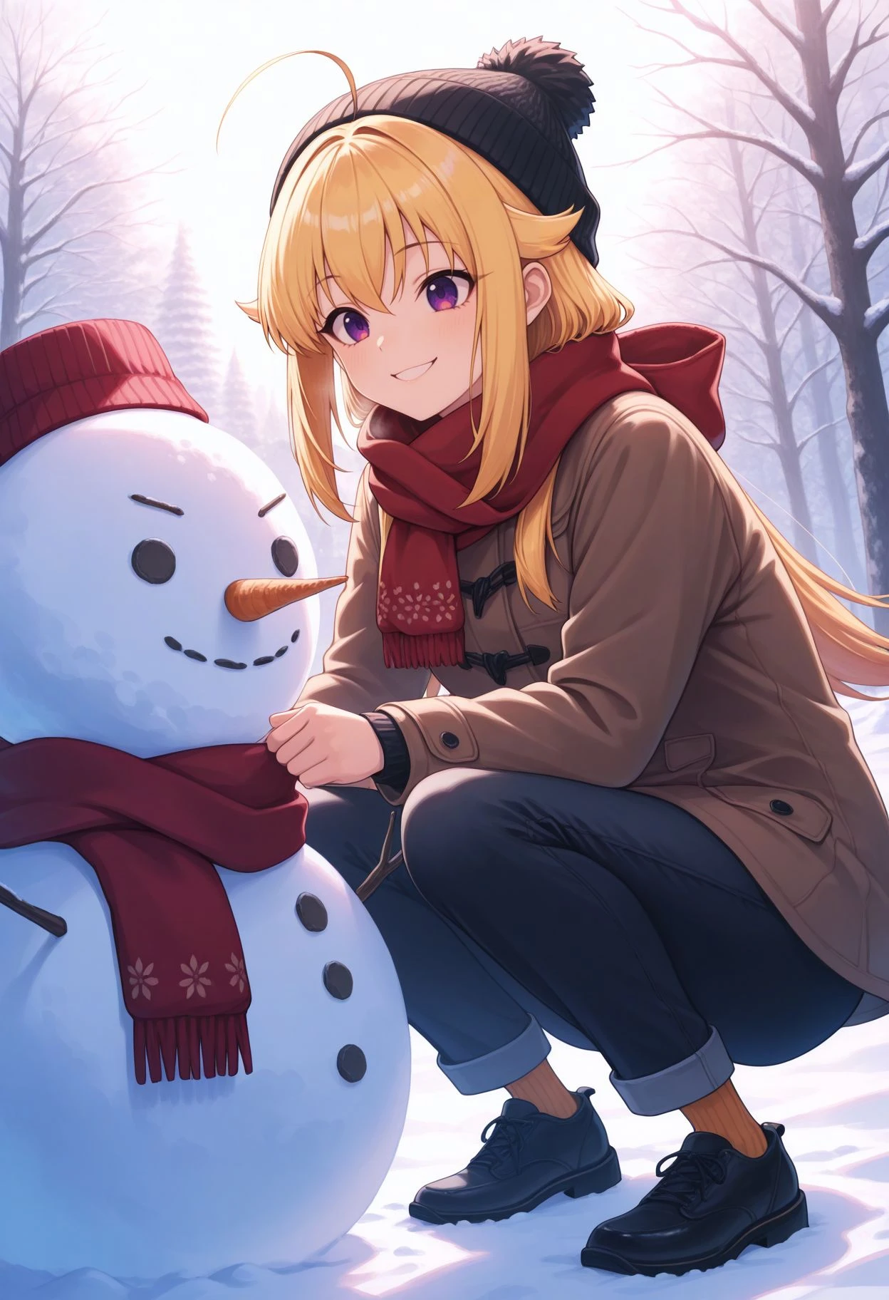 masterpiece,best quality,absurdres,highres,very aesthetic,high quality,detailed,insanely detailed,beautiful,perfect lighting,
1girl,solo,
smile,
<lora:Koshitan :1> 1girl, ahoge, blonde hair, purple eyes, hair flaps, long hair, winter clothes, beanie, scarf, coat, pants, <lora:snowman_Illust_v1:0.8> snowman, squat,