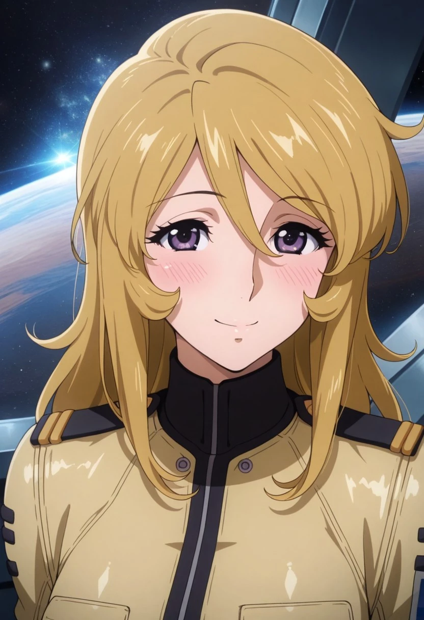 masterpiece,best quality,amazing quality, mori yuki, dirty-blonde hair, long hair, purple eyes, 1girl, solo, space, uniform, smile, hair between eyes, shiny hair, military uniform, military, shiny, blush, closed mouth