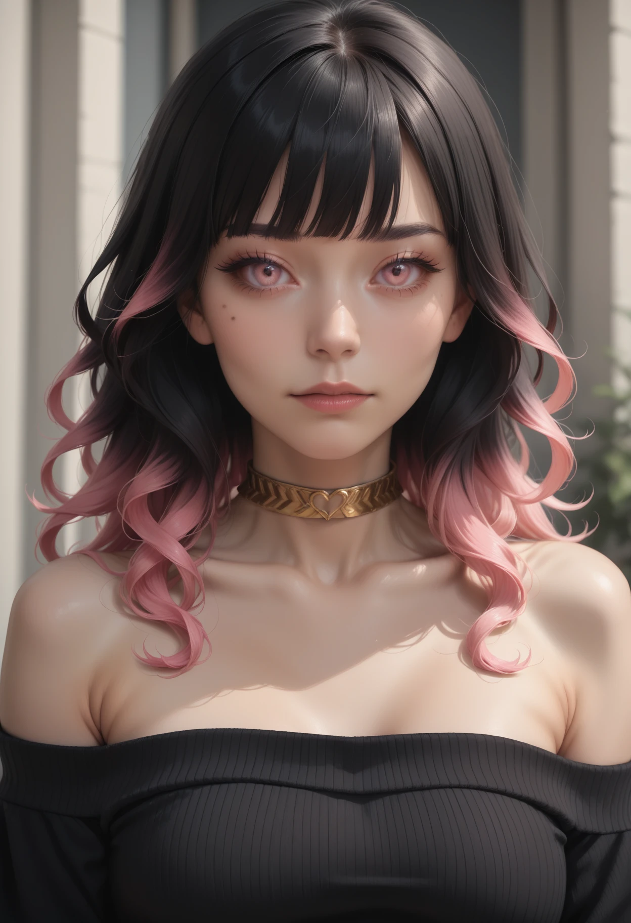 score_9, score_8_up, score_7_up,
1girl, solo,
sweater dress:black sweater, strapless, scoop neck, short sleeves, bare shoulders, (gold choker),
upper body, depth of field, realistic,
<lora:Dark_Kylie_Pony:0.5> d4rkkyl13, black hair:gradient hair:pink hair, pink eyes,