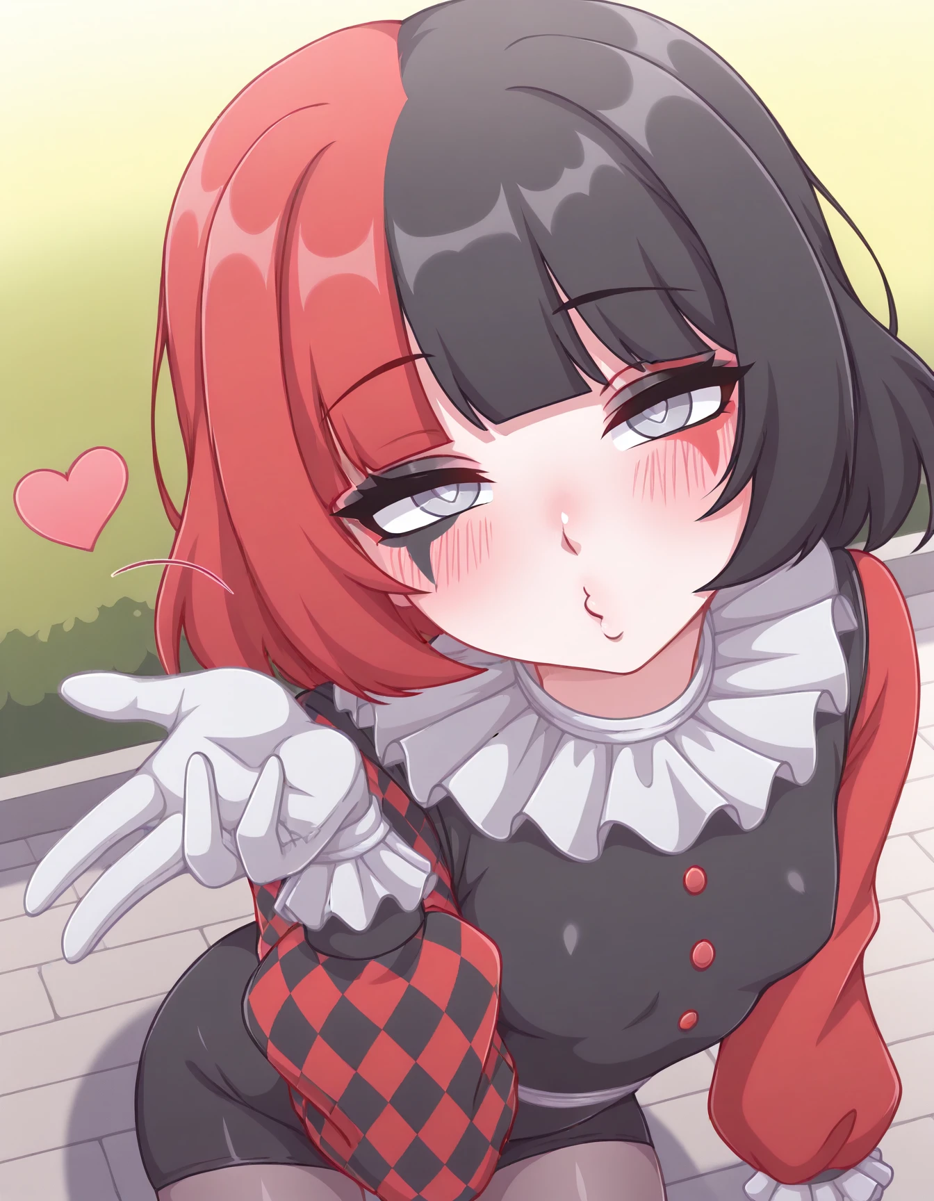 masterpiece, best quality, amazing quality, very aesthetic, high resolution, solo
Maf, two tone hair, red hair, black hair, black outfit, white collar, red sleeves, featuring a checkered sleeve, white collar, blowing kiss, heart, puckered lips, o3o, outdoors, seductive smile, blush, foreshortening, from above,<lora:FrierenBlowingKissMeme_illusXLNoobAI_Incrs_v1:0.8>
<lora:Maf_il:1>