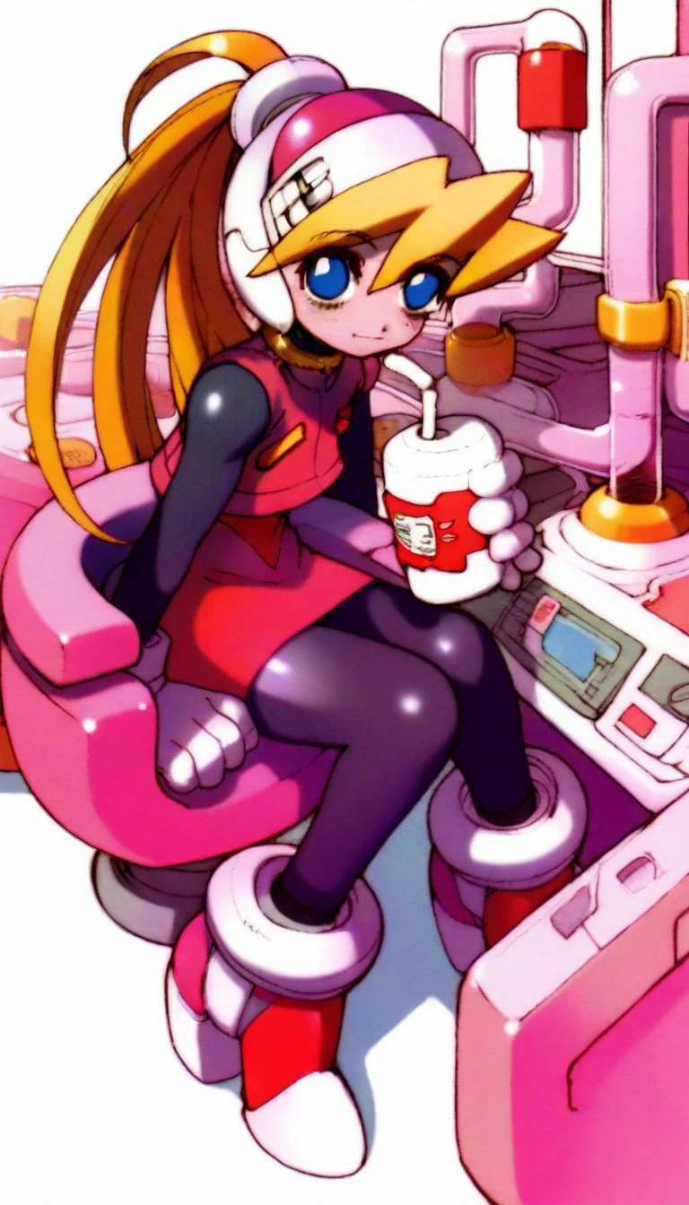 masterpiece,best quality,amazing quality,
<lora:cielIL:1>,
cie1,
1girl, solo, blonde hair, long hair, bangs, ponytail, headdress, blue eyes, black bodysuit, pink waistcoat, pink skirt, white gloves, black tights, white and pink footwear, full body, from above, looking at viewer, smile, sitting, on pink chair, knee together, holding bottle with a plastic straw on it, laboratory table, scientific experiment, white background