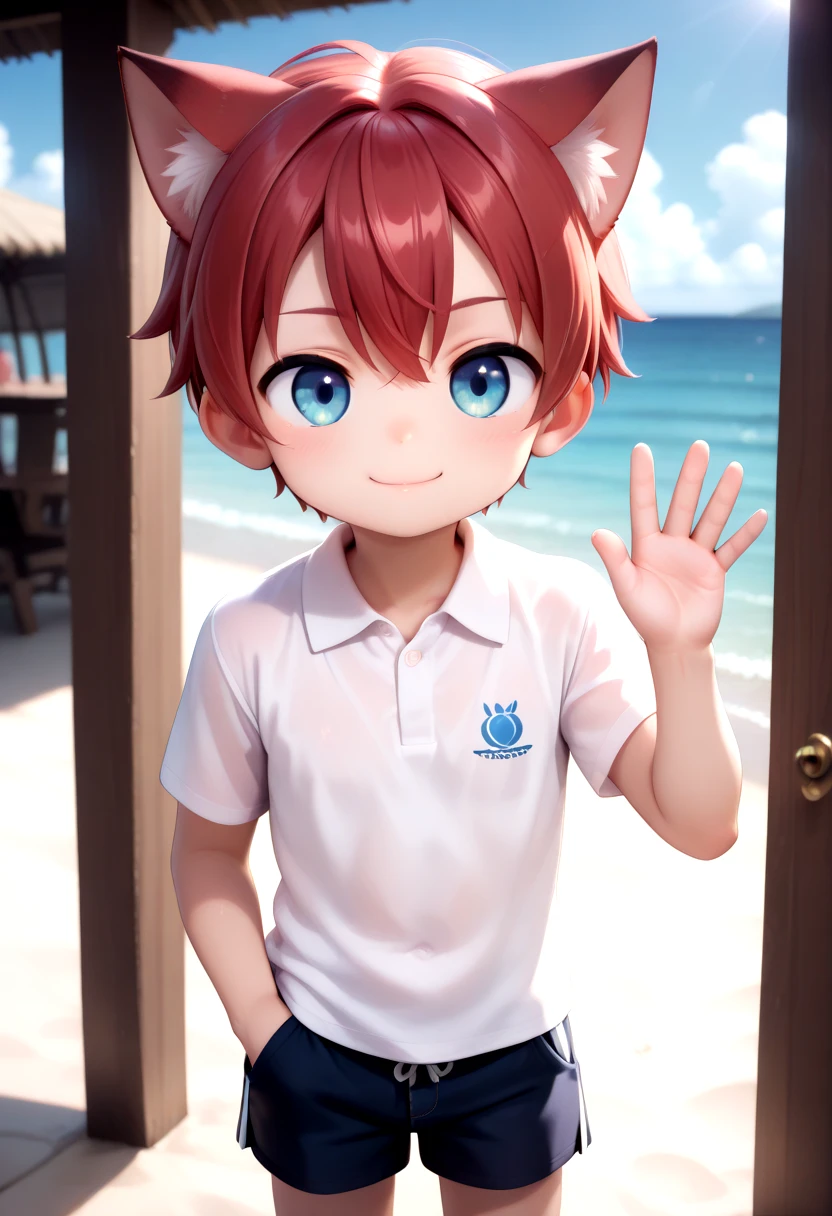 <lora:cutifiedanimecharacterdesign_style_Illustrious_V10:1>
detailed eyes,beach, aki, 1boy, (crimson hair:1.2), white polo shirt, happy, male, male focus, closed mouth, blue eyes, cat boy, (red cat ears:1.2), looking at viewer,male, male focus, inside, corridors, petite, vivid colors, petite, cute, young, masterpiece, high quality, very_high_resolution, large_filesize, full color, detailed face, one hand in pocket, waving pose, shorts