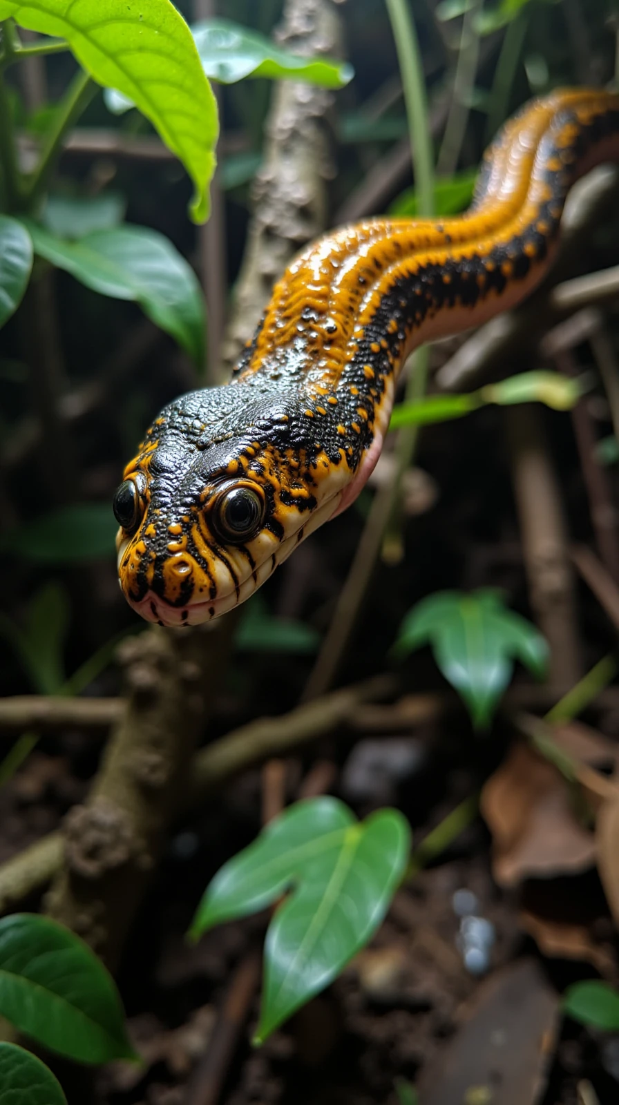 A highly realistic, documentary-style image of a serpent moving through a dense jungle, its body a mesmerizing composition of **OrganicFluidMatter**, resembling a living stream of flowing liquid. Its skin gleams with a glossy, honey-like sheen, reflecting dappled light that filters through the jungle canopy. The surface of the serpent’s scales appears almost translucent, with warm golden hues swirling faintly beneath, as though small, spherical bubbles are suspended just under its organic, fluid-like outer layer.
Each movement creates ripples across its semi-transparent body, giving the impression of a creature perpetually reforming itself. The serpent’s glossy pinkish underbelly contrasts against its darker, iridescent black scales, which shift hues like liquid oil under the changing light. Its long, undulating form leaves faint, reflective trails on the textured foliage and damp jungle floor, where glistening droplets mirror its surreal presence.
The serpent’s head tapers into an angular form, its jaw appearing flexible and fluid. Translucent fangs glisten with a venomous, resin-like substance that clings and drips in slow, viscous trails. Its black, glassy eyes, like polished obsidian pools, reflect its surroundings with unnerving clarity, exuding a hypnotic, alien presence.
The jungle atmosphere amplifies the creature’s surreal texture, with mist swirling gently around its form, catching faint glints of its glossy surface. Dew collects on nearby leaves and vines, mirroring the fluid, organic nature of the serpent itself. Each movement through the lush undergrowth displaces the humid air, sending faint ripples through the environment, as if the creature’s very existence alters the flow of reality.
The scene captures a unique blend of life and fluidity, where the serpent’s organic, flowing textures create an intricate harmony with the jungle’s natural moisture and light. The creature seems both a part of and apart from its environment, a living enigma in an otherworldly ecosystem.