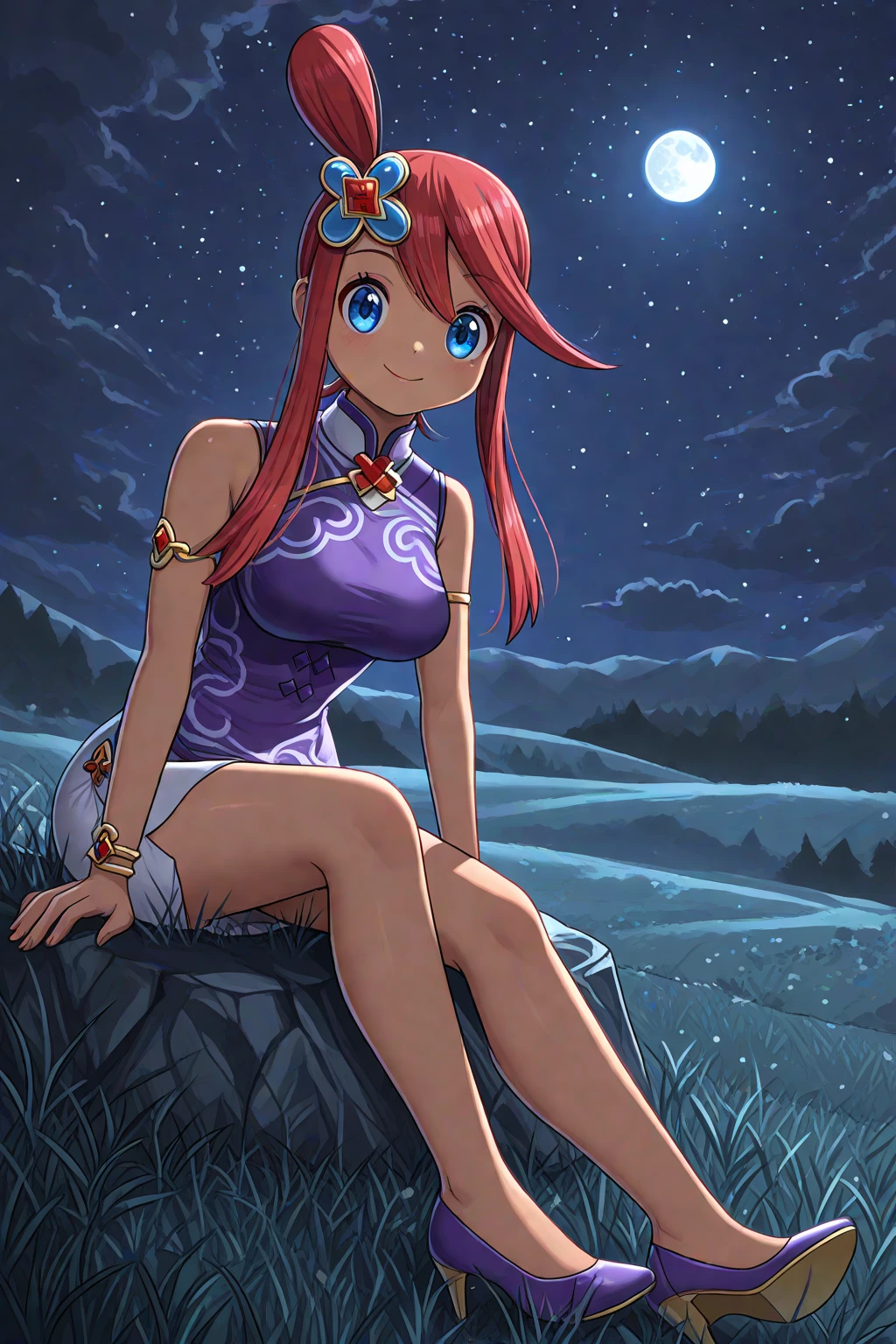 1girl, solo, sitting ,night, night_sky, moonlight, meadow, medium_breasts,anniskyla, askyl, dark-skinned_female, red_hair, short_hair_with_long_locks, blue_eyes, chinese_clothes, purple_dress, white_skirt, sleeveless_dress, gold_bracelet_with_green_gem, white_cloud_armlet, hair_ornament_\(yellow\), shoes, purple_footwear, high_heels, yellow_shoe_tips