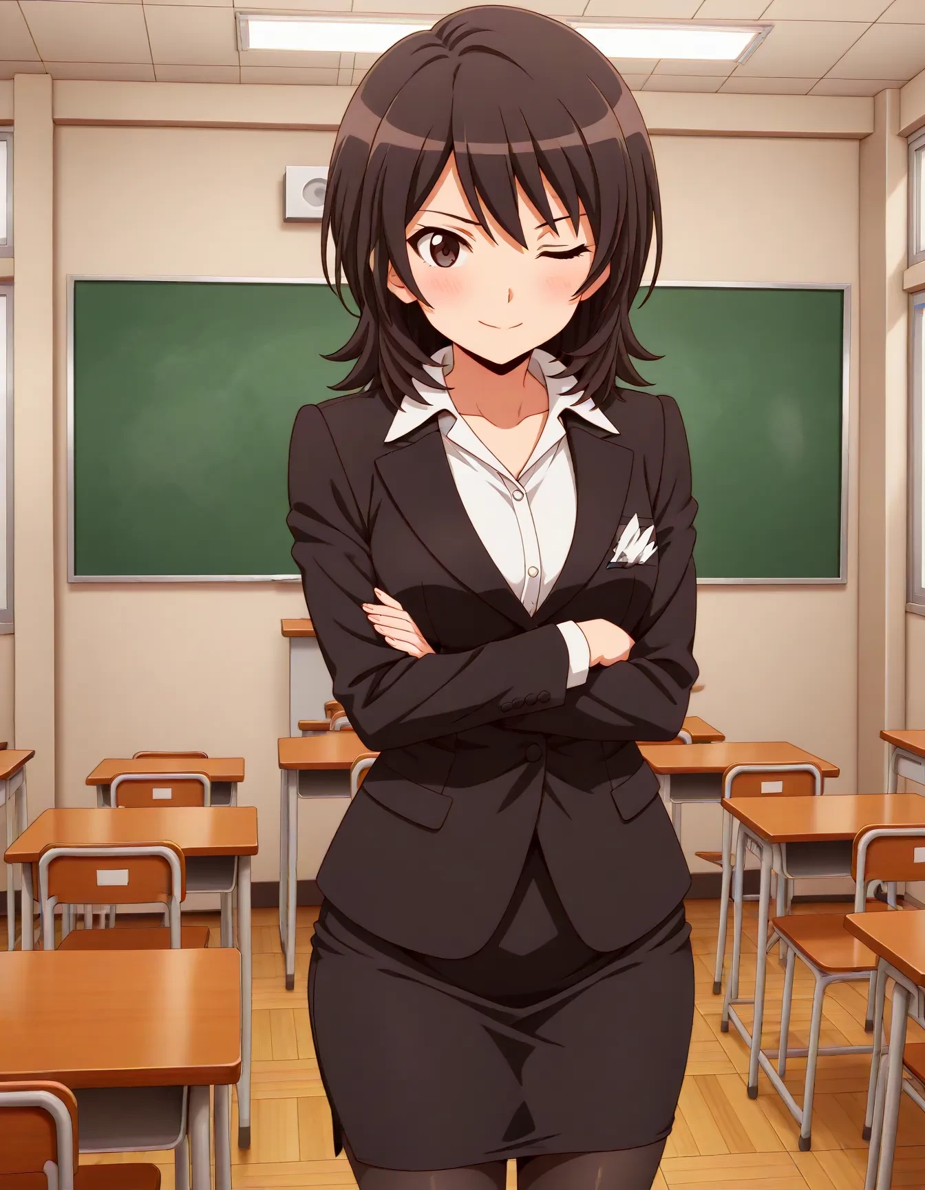 <lora:dmd2_sdxl_4step:1>,1girl,official style,masterpiece,best quality,newest,absurdres,highres,very awa,Anime,anime coloring,anime screencap,<lora:takahashi_maya_V1:1>,takahashi maya,solo,black hair,short hair,black eyes,skirt suit,black jacket,white shirt,pencil skirt,pantyhose,classroom,smile,crossed_arms,one eye closed,stylish_pose,
