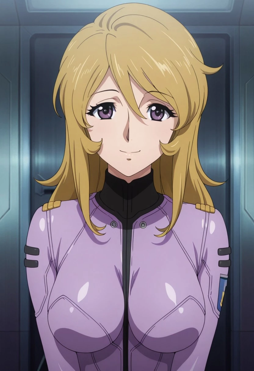 masterpiece,best quality,amazing quality, mori yuki, dirty-blonde hair, long hair, purple eyes, 1girl, solo, smile, anime coloring, looking at viewer, bodysuit, hair between eyes