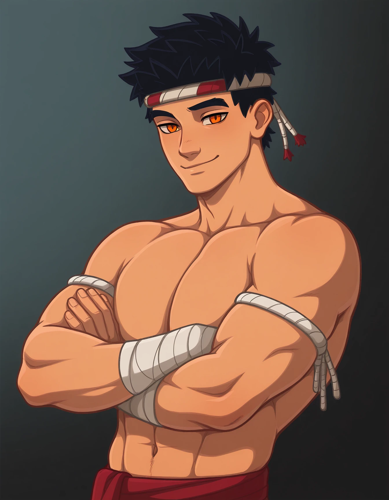 masterpiece, best quality, amazing quality, very aesthetic, high resolution, solo
Tong-vkstickrs, white bandages, orange eyes, red sash, gradient background, crossed arms, smile
<lora:Tong-vkstickrs_il:0.9>