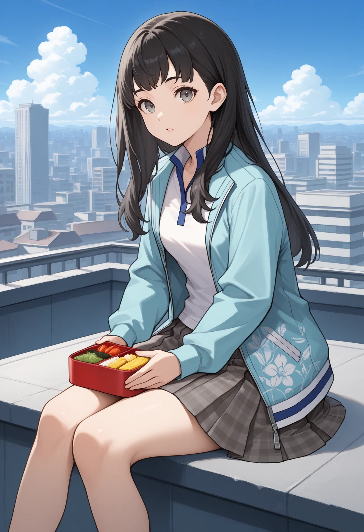 masterpiece, best quality, 1girl, sitting, holding bento, hands on lap, looking at viewer, parted lips, <lora:TaoSMT-illu:1> tao, black hair, long hair, grey eyes, aqua jacket, open jacket, track jacket, long sleeves, floral print, white shirt, collared shirt, grey skirt, plaid skirt, pleated skirt,  legs, rooftop, blue sky, cloud, cityscape, choppy bangs