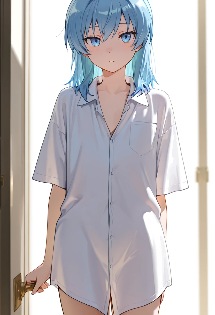 masterpiece,best quality,32k,high resolution,absurdres, <lora:nagisa01_il:1>, nagisa, (1 boy:1.4), blue hair, blue eyes, medium hair, flat chest, tall, oversized shirt, white shirt, collared shirt, looking at viewer,(solo:1.3), (blush:0.6),