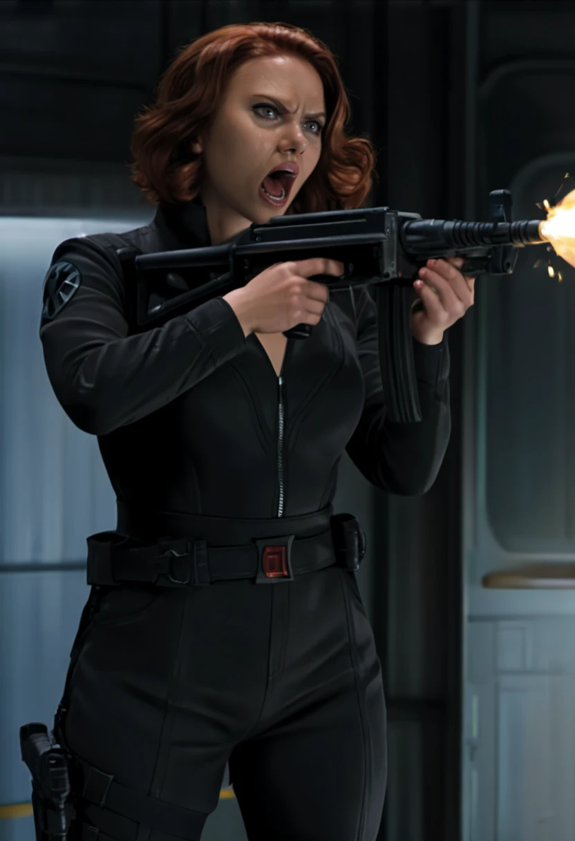 (realistic), natasha romanoff, 1girl, machine gun, holding_gun, angry, open mouth, firing,cowboy shot, (masterpiece,best quality,newest,absurdres,highres), <lora:natasha_romanoff-PersMerge30:0.9>