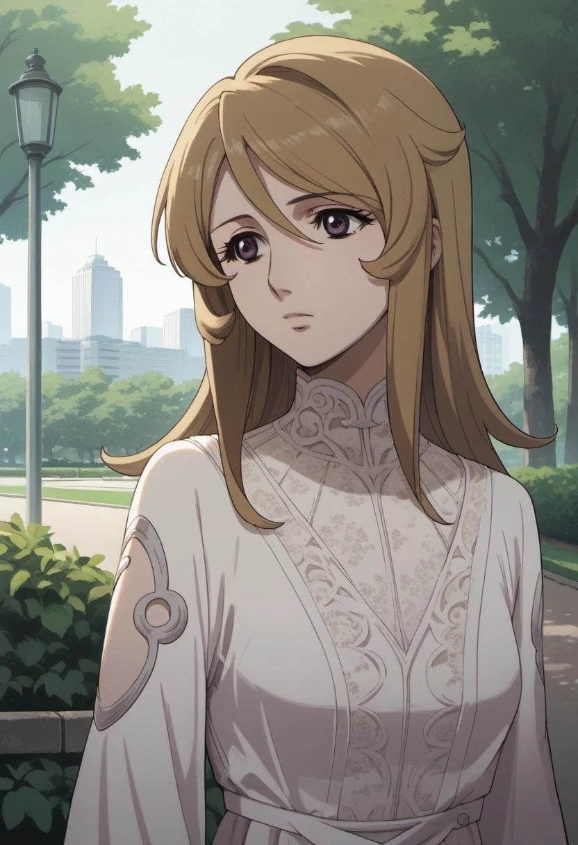 score_9, score_8_up, score_7_up, source_anime, mori yuki, dirty-blonde hair, long hair, purple eyes, 1girl, solo, dress, park, outdoors