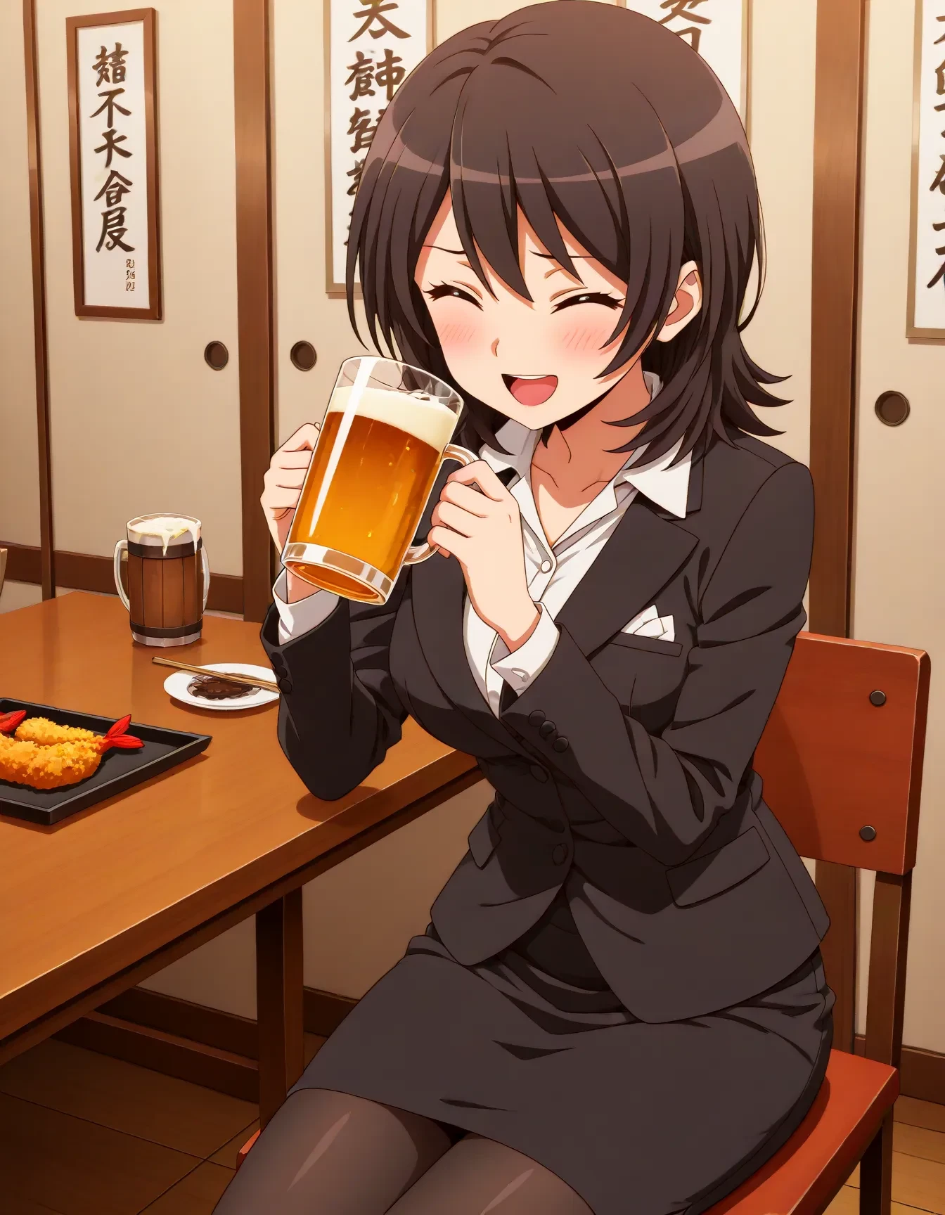 <lora:dmd2_sdxl_4step:1>,1girl,official style,masterpiece,best quality,newest,absurdres,highres,very awa,Anime,anime coloring,anime screencap,<lora:takahashi_maya_V1:1>,takahashi maya,solo,black hair,short hair,black eyes,skirt suit,black jacket,white shirt,pencil skirt,pantyhose,sitting,izakaya,closed eyes,laughing,tempura,food,drinking,beer_mug,A_sushi_roll,