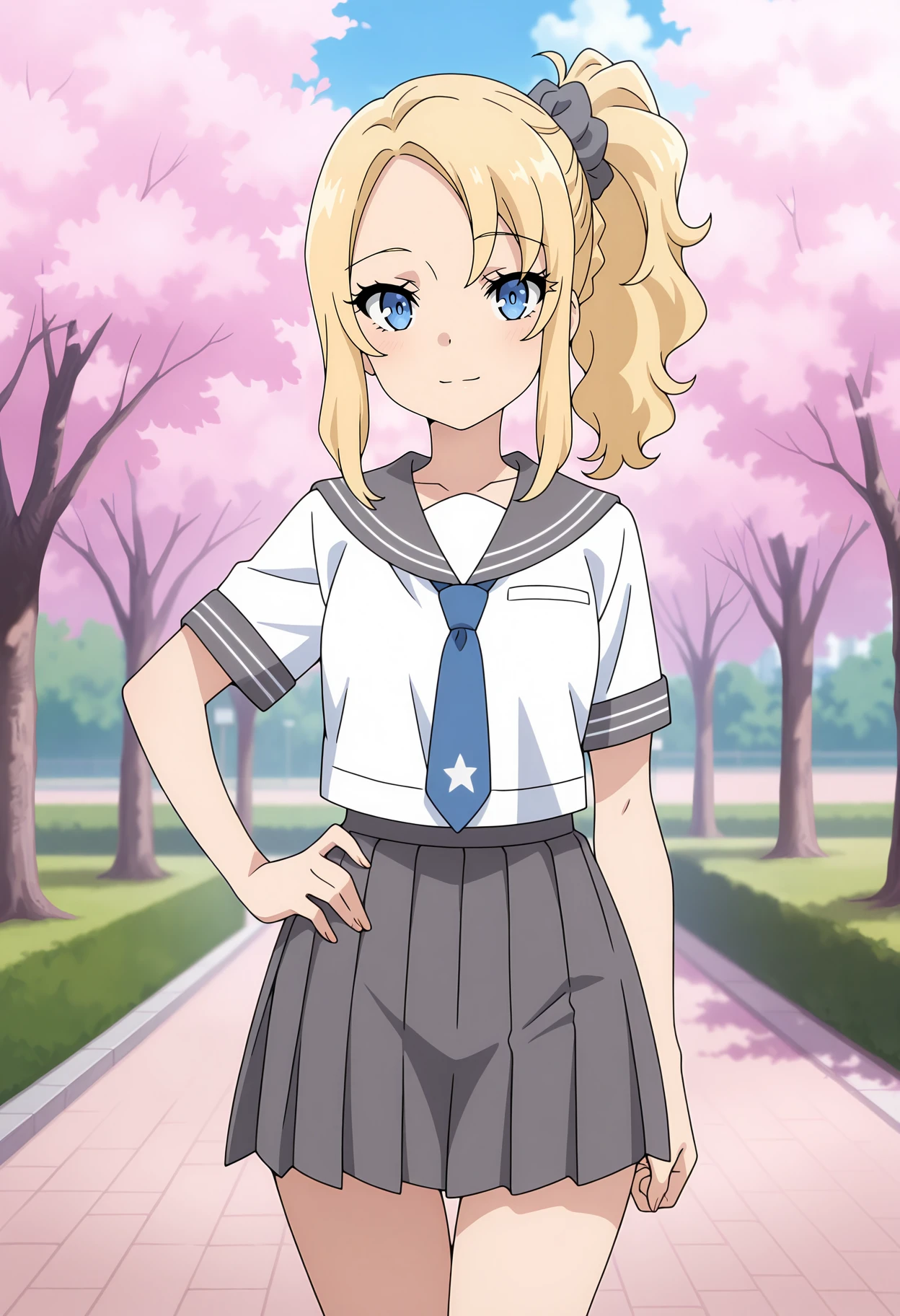 anime screencap, masterpiece, best quality,
<lora:SeishunButaYarou_ToyohamaNodoka_IlluXL:0.9>,
1girl, solo, closed mouth, light smile, light blush,
side ponytail, blonde hair, blue eyes, parted bangs, hair scrunchie, grey scrunchie,
NodokaSchool, serafuku, grey sailor collar, white shirt, short sleeves, blue necktie, pleated skirt, grey skirt,
hand on own hip, thigh gap, standing, looking at viewer, cowboy shot,
blurry background, outdoors, park, blue sky, cherry blossoms