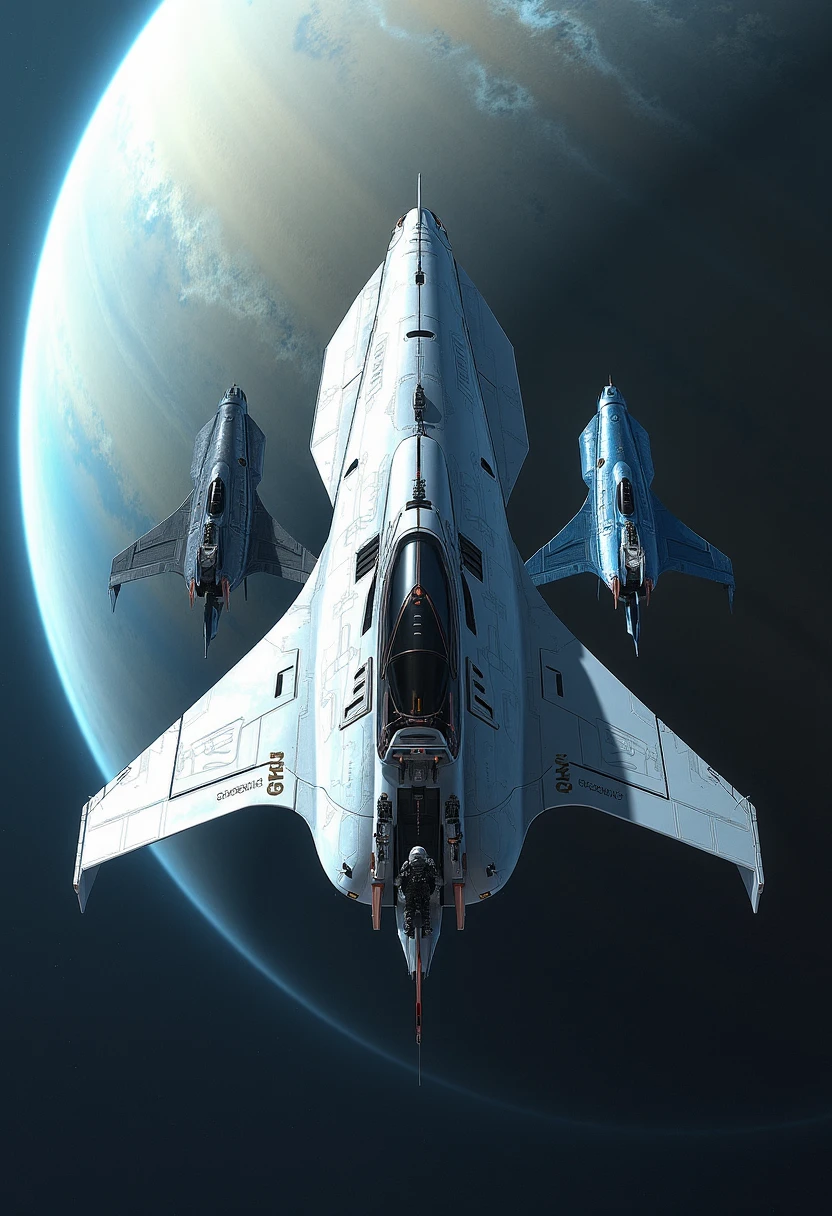 yfg-hpr A sleek, silver space station orbits the distant planet of Titan, its curved hull reflecting the icy blue light of Saturn's rings as two spaceships, one dark gray and the other metallic blue, dock alongside it; in the foreground, a lone astronaut in a black spacesuit steps out onto the station's airlock, gazing up at the planet's hazy atmosphere.