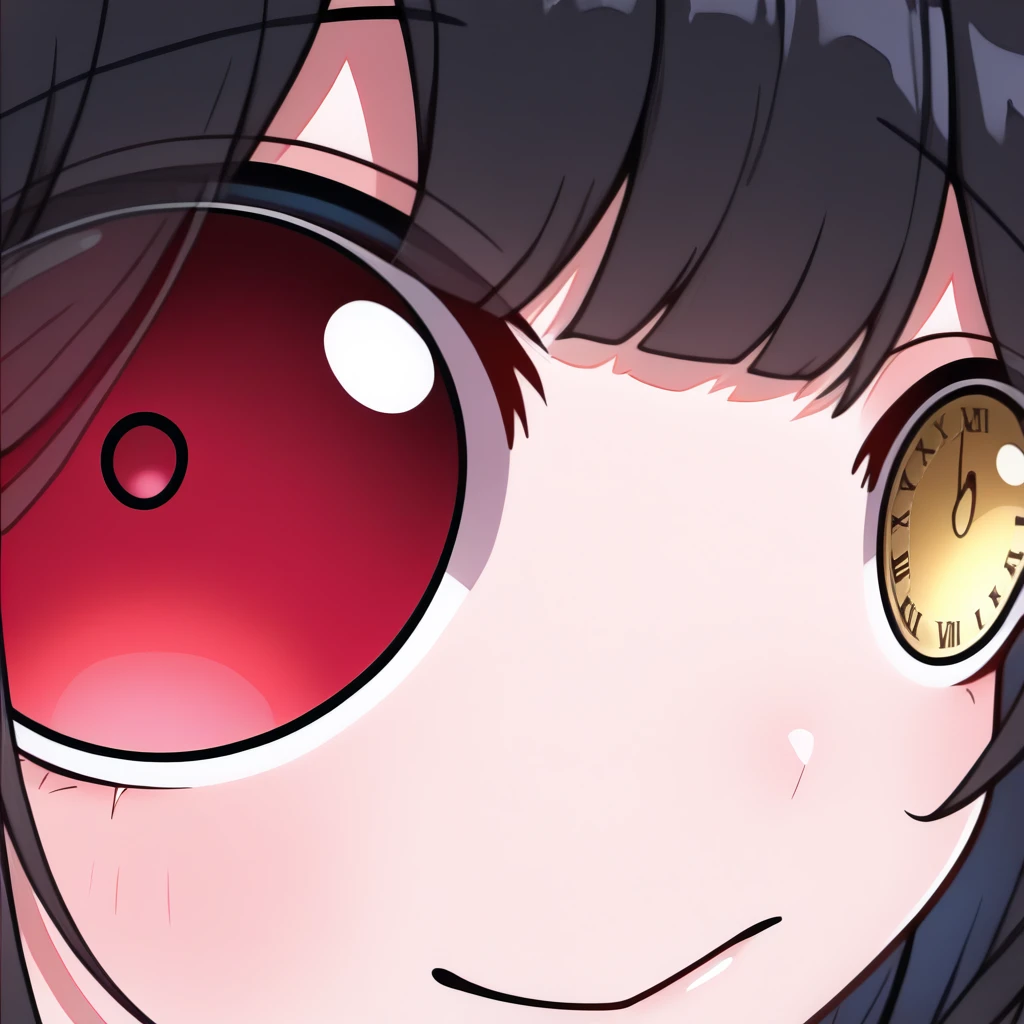 masterpiece, best quality, newest, absurdres, highres, eye focus, close-up, smile, closed mouth, portrait, <lora:StareMeme_illusXLNoobAI_Incrs_v1-000008:1>, <lora:ChamKurumiIllustriousXL:1>, KrmiDef, clock eyes, red eye, yellow eye, heterochromia, black hair, long hair, roman numeral,