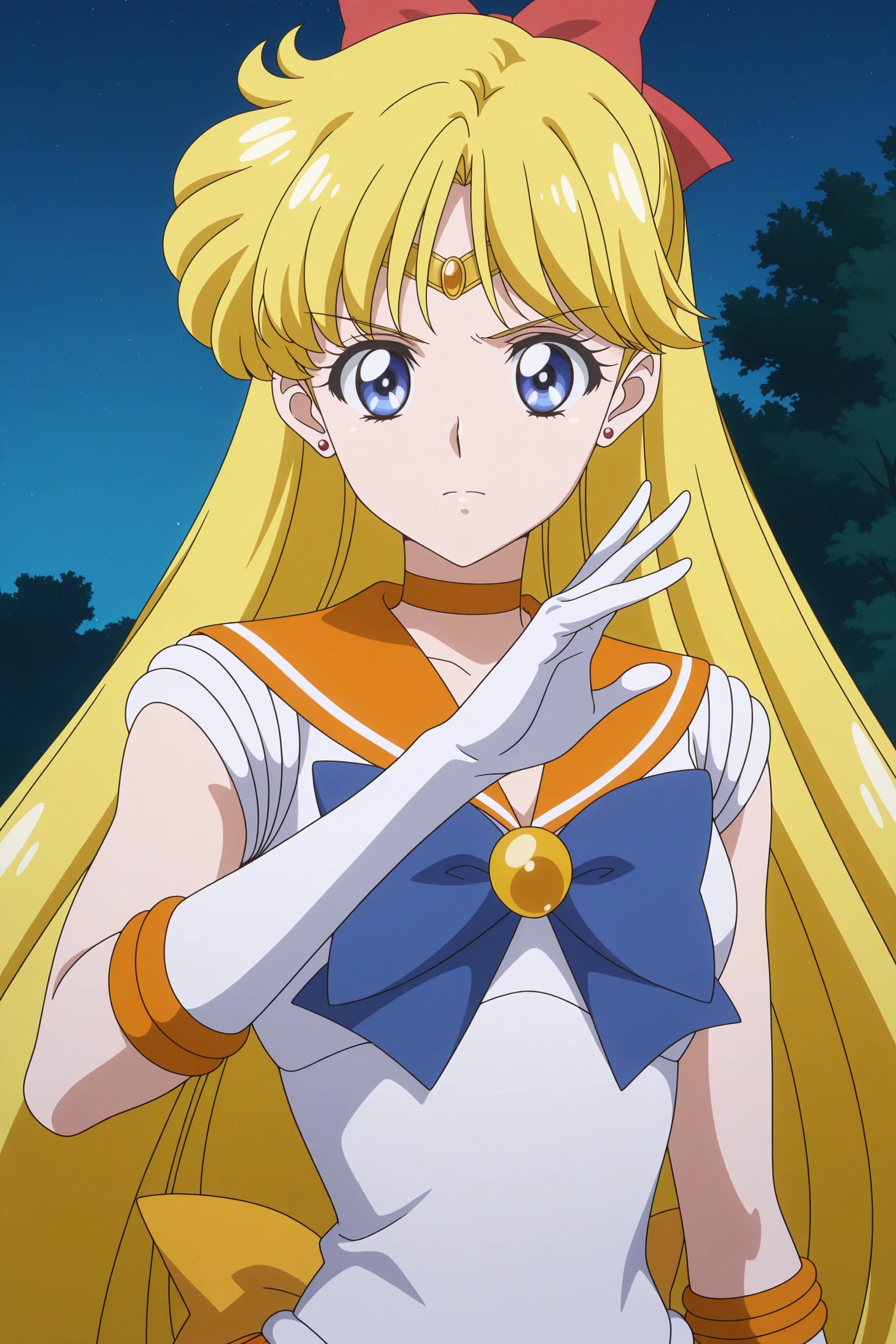 masterpiece, best quality, amazing quality, highres, absurdres, very aesthetic, high resolution, ultra detailed, perfect details, 1girl, solo, outdoors, (night:1.5), sailor venus, long hair, blonde hair, red hair bow, blue eyes, stud earrings, circlet, sailor senshi uniform, magical girl, orange choker, orange, sailor collar, blue bow, white gloves, elbow gloves, orange skirt, pleated skirt, yellow back bow, belly chain, orange footwear, strappy heels, <lora:Minako_Aino_ILXL:0.8>, (aged up:1.2), (upper body), (serious:1.2), looking at viewer, (pose:1.3), (anime screencap:1.5), (anime coloring:1.5)