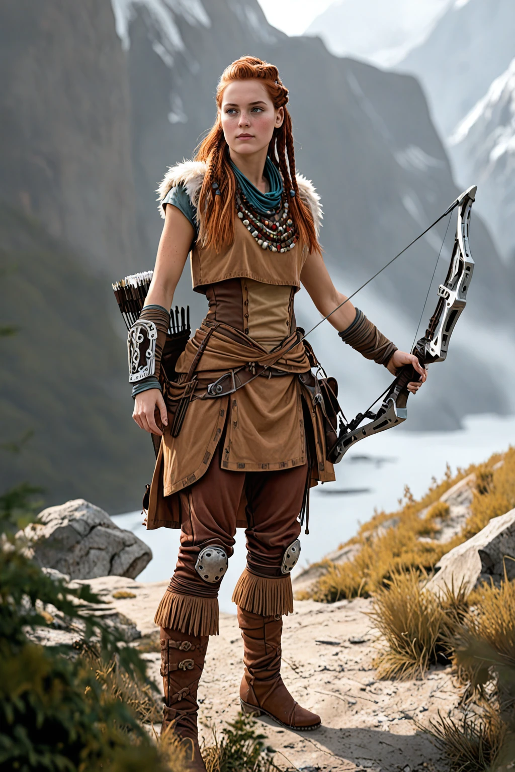 masterpiece, good quality, best quality, very awa, very as2, absurdres, highres
<lora:AloyilluLoRA:1>aly, long hair, multiple braids, freckles, hair ornament, scarf, top, fur trim, necklace, bracer, skirt, pants, single knee pad, boots
holding bow (weapon), bow (weapon), quiver, planted bow