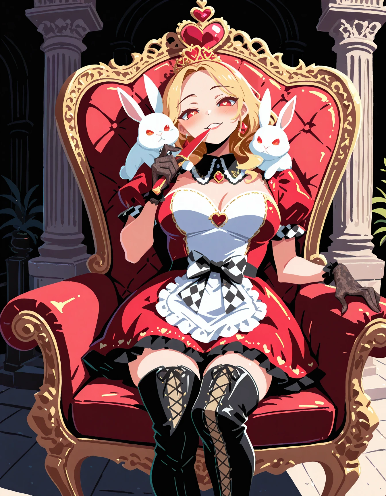 1girl, solo, blonde hair, <lora:Style_ecstatic-Rabbithole-ILXL:0.8> RBL-Illu <lora:Outfit_soph-AliceMaid-ILXL:0.9>mature female, ruby red iridescent sparkling dress, satin dress, shiny clothes, checkered bow, puffy short sleeves, white apron, frills, checkered trim, puffy skirt, heart crown, lace gloves, shirt collar, short gloves, zettai ryouiki, detached collar, waist bow, laced thighhighs, thigh boots, white rabbit on shoulder, queen of hearts, sitting on throne, palace, pillars, throneroom, gilded photo background <lora:Style_shiiro0-TakaraiShunsukue-ILXL:1> t4kar4i_illu, no_outlines,no lineart, holding red knife, yandere trance, masterpiece, best quality, very aesthetic, newest