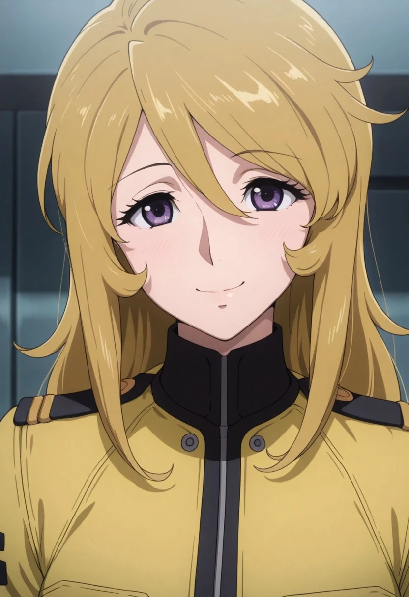 masterpiece,best quality,amazing quality, mori yuki, dirty-blonde hair, long hair, purple eyes, 1girl, solo, uniform, smile, military, yellow jacket, hair between eyes, military uniform, looking at viewer, upper body, jacket
