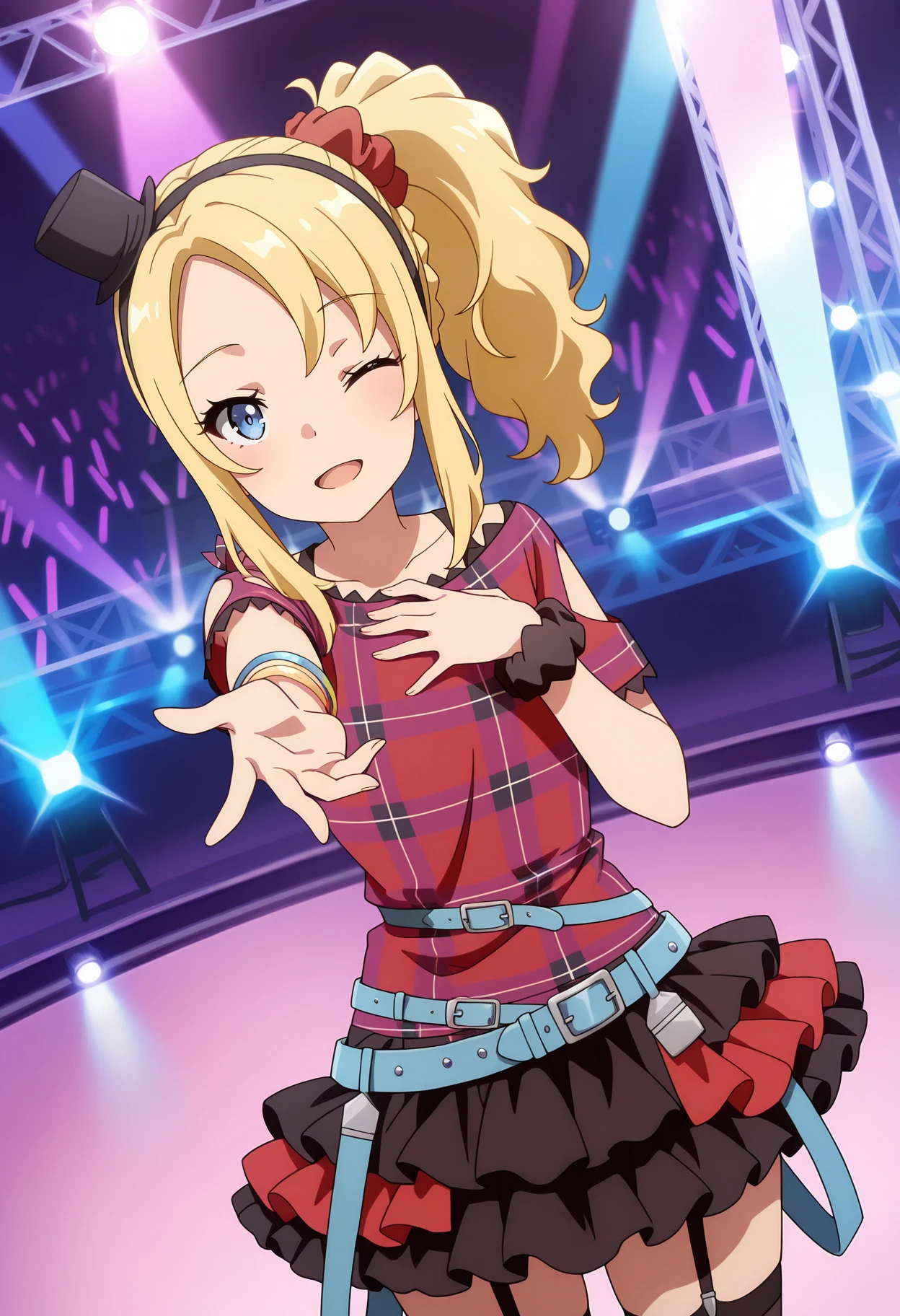 anime screencap, masterpiece, best quality,
<lora:SeishunButaYarou_ToyohamaNodoka_IlluXL:0.9>,
1girl, solo, open mouth, light smile, one eye closed,
side ponytail, blonde hair, blue eyes, parted bangs, hair scrunchie, red scrunchie, black hairband, mini hat,
NodokaIdol, plaid shirt, red shirt, purple shirt, blue belt, short sleeves, clothing cutout, bracelet, wrist scrunchie, frilled skirt, layered skirt, black skirt, red skirt,
garter straps, black thighhighs,
reaching towards viewer, hand on own chest,
standing, looking at viewer, cowboy shot, dutch angle,
blurry background, stage, stage lights
