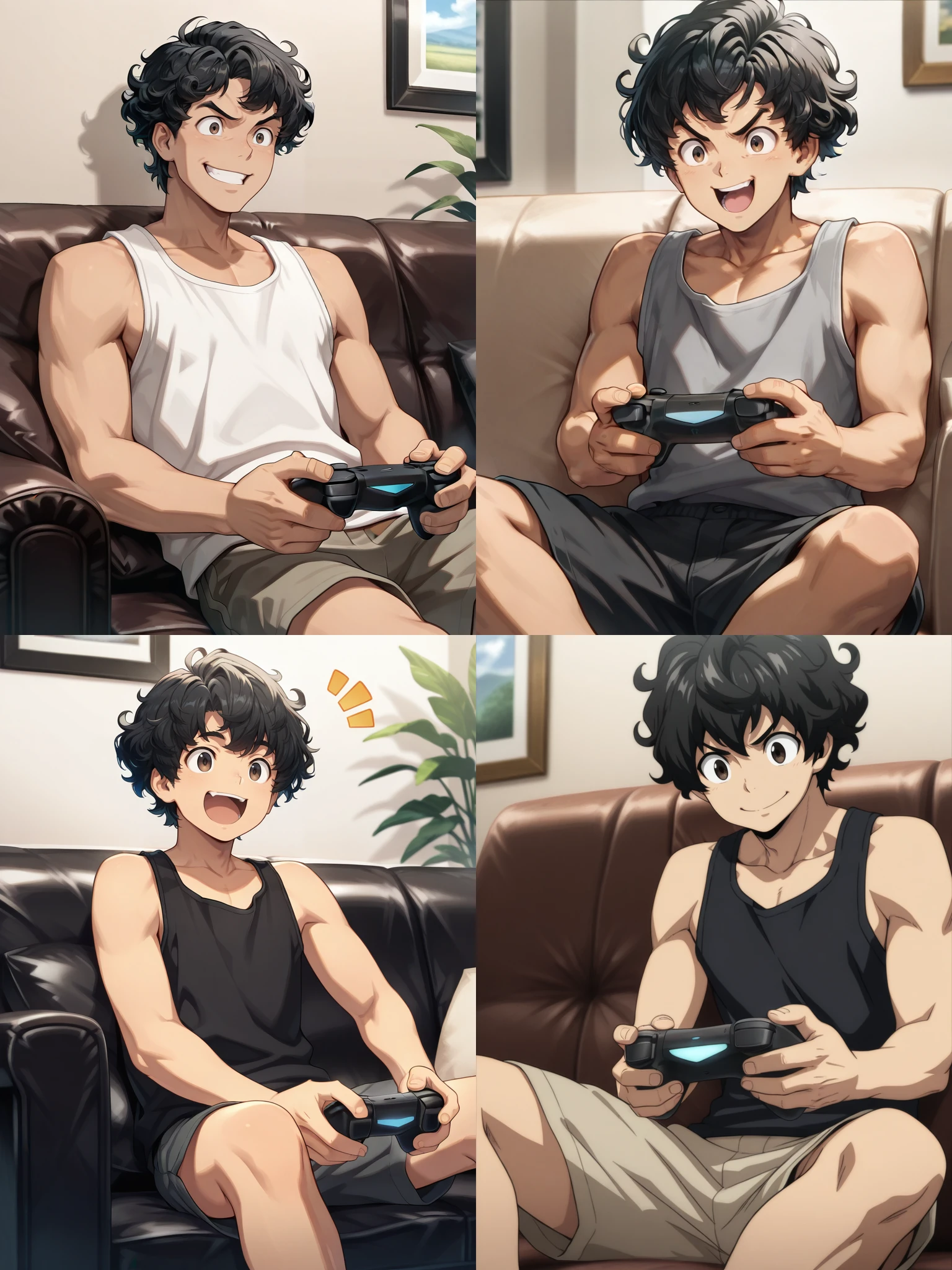 <lora:Tenryo_T:1>,Tenryo T,1boy,adult male,solo,
tank top,shorts,sofa,game controller,playing games,happy,eager,
masterpiece,best quality,ultra detailed,{<lora:dcau234-illu3_r1:0.8>,dcaustyle|<lora:DBSBroly_Style_IXL:0.9>,hand drawn|<lora:MeMaXL4:0.8>|<lora:Fairy_Tail_waiNSFWIllustrious_SD8:1>}