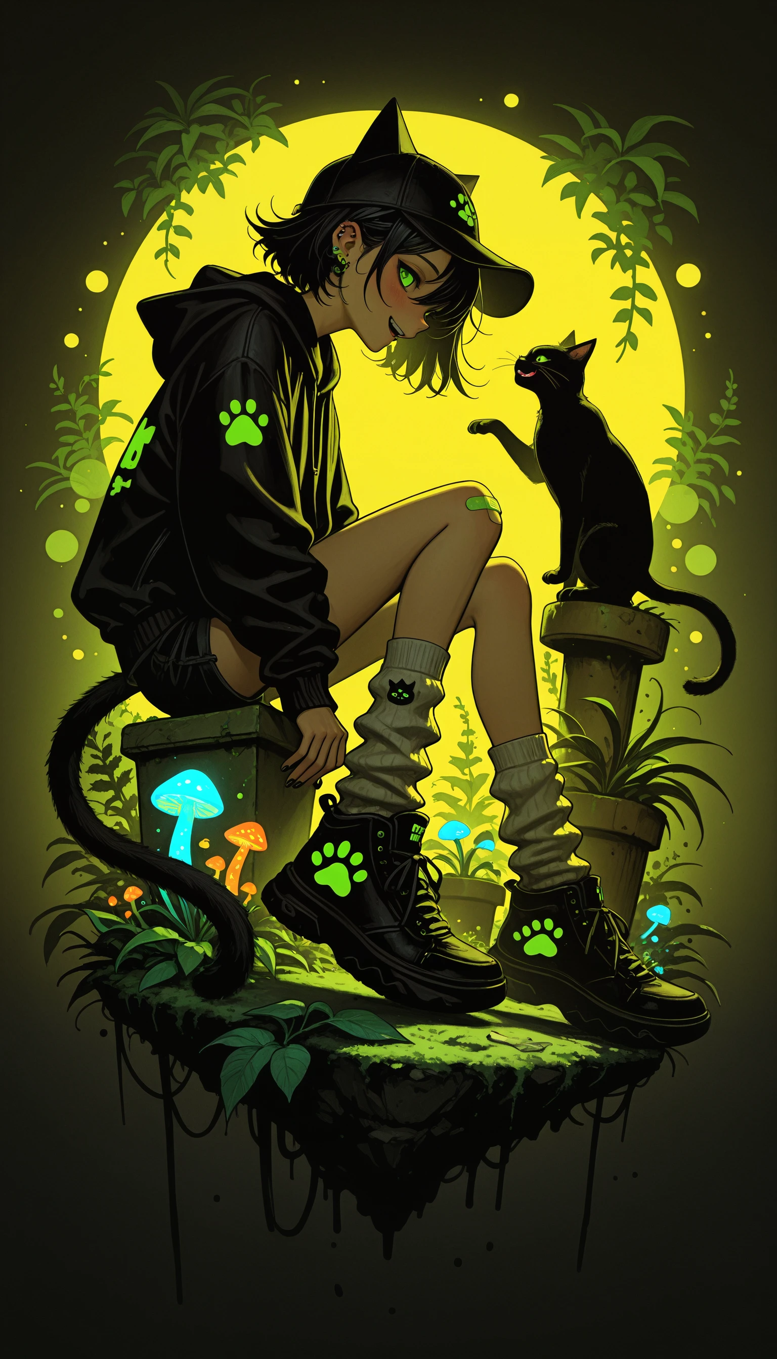 chiaroscuro, colorful, colorful_theme, neon_lights, neon_palette, neon_colors, psychedelic, psychedelic_background, colorful_palette, photo_reference, surrealism, best quality, cowboy shot, blurry, bokeh, best quality, highly detailed, high-resolution, absurdres, contrapposto, amazing quality, very aesthetic, absurdres, newest, scenery, vignetting, dutch angle, depth of field, soft luminescent glow, photo-referenced
RBL-Illu, 1girl, solo, blush, (laughing, looking_at_viewer), short_hair, bangs, simple_background, black_hair, hat, long_sleeves, original, animal_ears, sitting, hair_between_eyes, jewelry, green_eyes, closed_mouth, tail, jacket, full_body, earrings, shoes, shorts, cat_ears, hood, socks, nail_polish, hair_over_one_eye, medium_hair, black_footwear, from_side, cat_tail, fingernails, looking_to_the_side, black_jacket, profile, hoodie, black_headwear, animal, leaf, cat, piercing, plant, hood_down, sneakers, baseball_cap, bandaid, yellow_background, cat_girl, hooded_jacket, knees_up, ear_piercing, fish, creature, animal_hood, potted_plant, paw_print, sideways_glance, mushroom, black_cat, black_hoodie, animal_hat, loose_socks, ears_through_headwear, yellow_theme, cat_hood