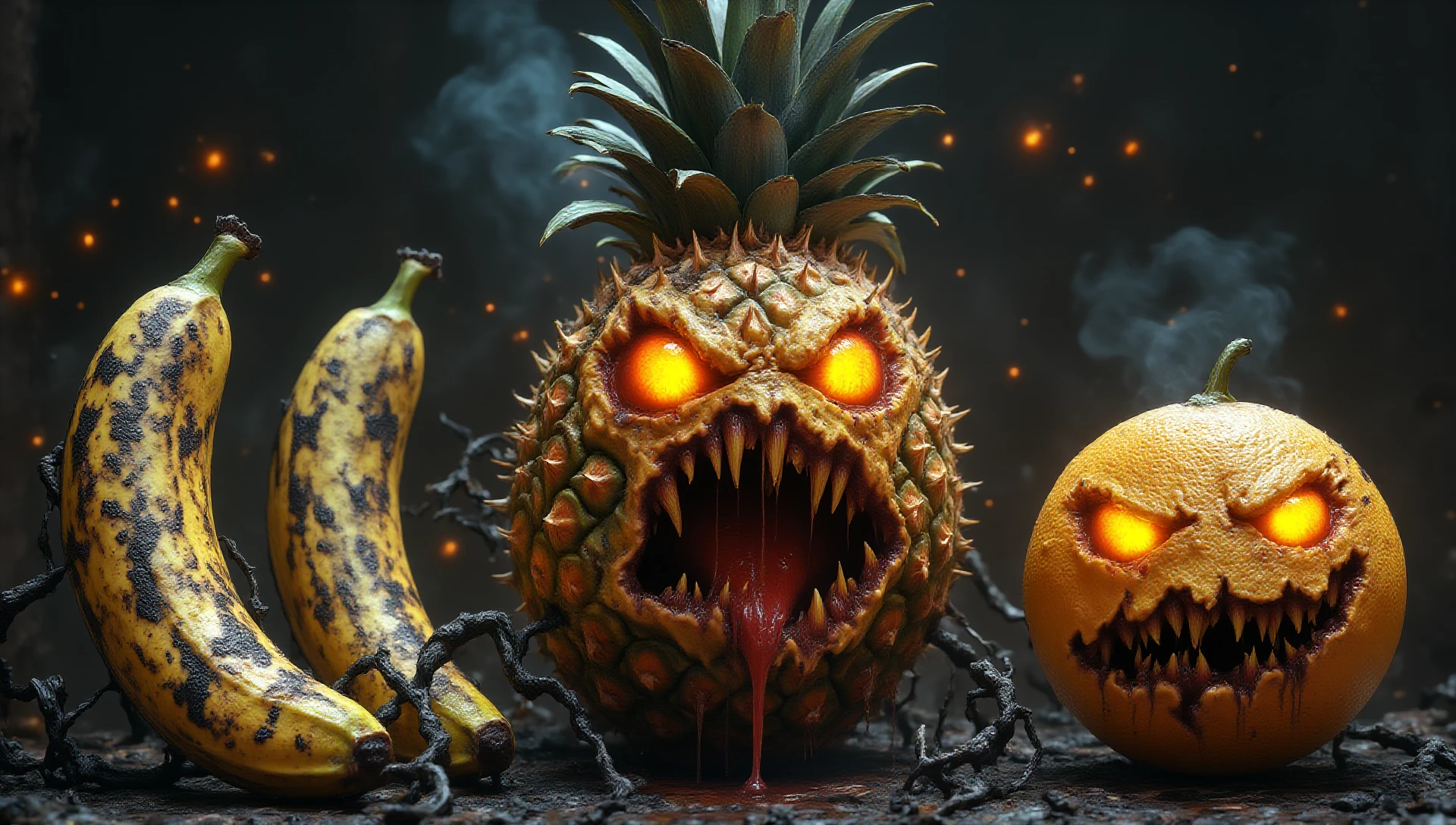 FALFDG A sinister still life featuring anthropomorphic, monstrous fruits with glowing, fiery eyes and jagged mouths, emanating a menacing presence. At the center is a menacing pineapple, its spiked skin and sharp leaves accentuating its ferocious expression, with a gaping, tooth-filled mouth dripping with fiery energy. To its right, a decayed jack-o'-lantern-style pumpkin has glowing orange eyes and sharp teeth, with twisted black vines curling around it.
On the left, two overripe bananas with blackened spots rest ominously, their appearance unsettling as if tainted by decay. Below the pineapple, a grinning orange has its face carved into a monstrous snarl, glowing with the same fiery light as the others. The background is a misty, eerie atmosphere with faint orange sparks floating in the air, enhancing the dark, otherworldly feel. The setting is decayed and charred, with cracked wood and creeping roots adding to the grim tone.