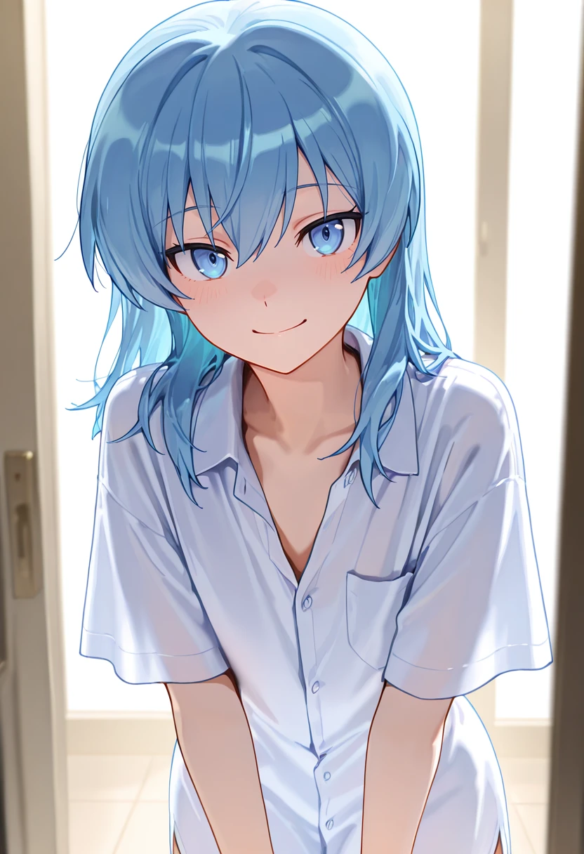 masterpiece,best quality,32k,high resolution,absurdres, <lora:nagisa01_il:1>, nagisa, (1 boy:1.4), blue hair, blue eyes, medium hair, flat chest, tall, oversized shirt, white shirt, collared shirt, looking at viewer, (smile:0.7), (solo:1.3), (blush:0.6) ,