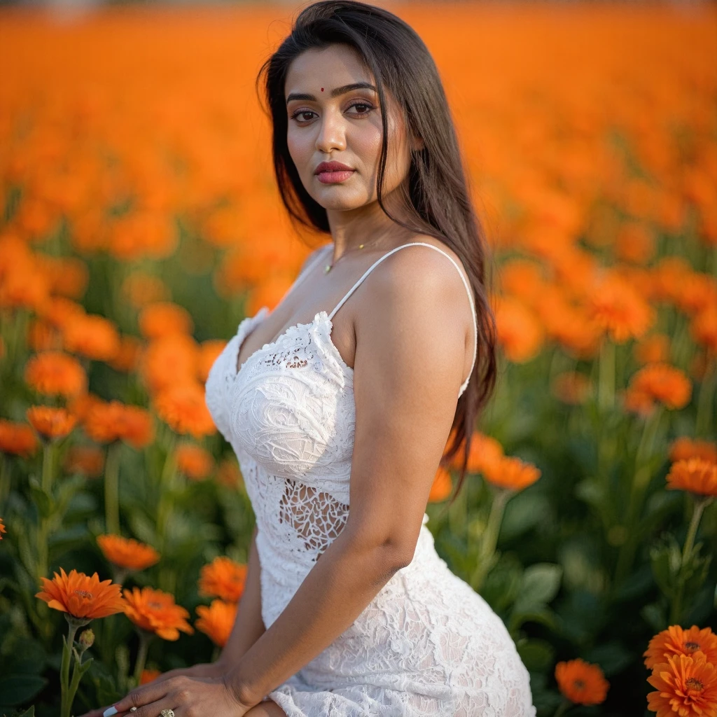gima_ashi Garima Chaurasia, high resolution cinematic still, high resolution image, high resolution image Soft, photography, portrait, beatiful woman, (intricately detailed white lace dress with subtle texture), in a vibrant field of orange flowers, full body shot, emphasizing beautiful legs, warm evening golden hour lighting, gentle focus on her serene expression., no colored dot on face,, detail-oriented, inspiration from renowned photographers like Annie Leibovitz, high resolution, studio lighting, medium telephoto lens, front view, detail-oriented, RAW photo, highest quality, high detail RAW color photo, professional photo, extremely detailed UHD 8k wallpaper, shot using song a7riv, 48mp shot, (artstation:1.3), low contrast
