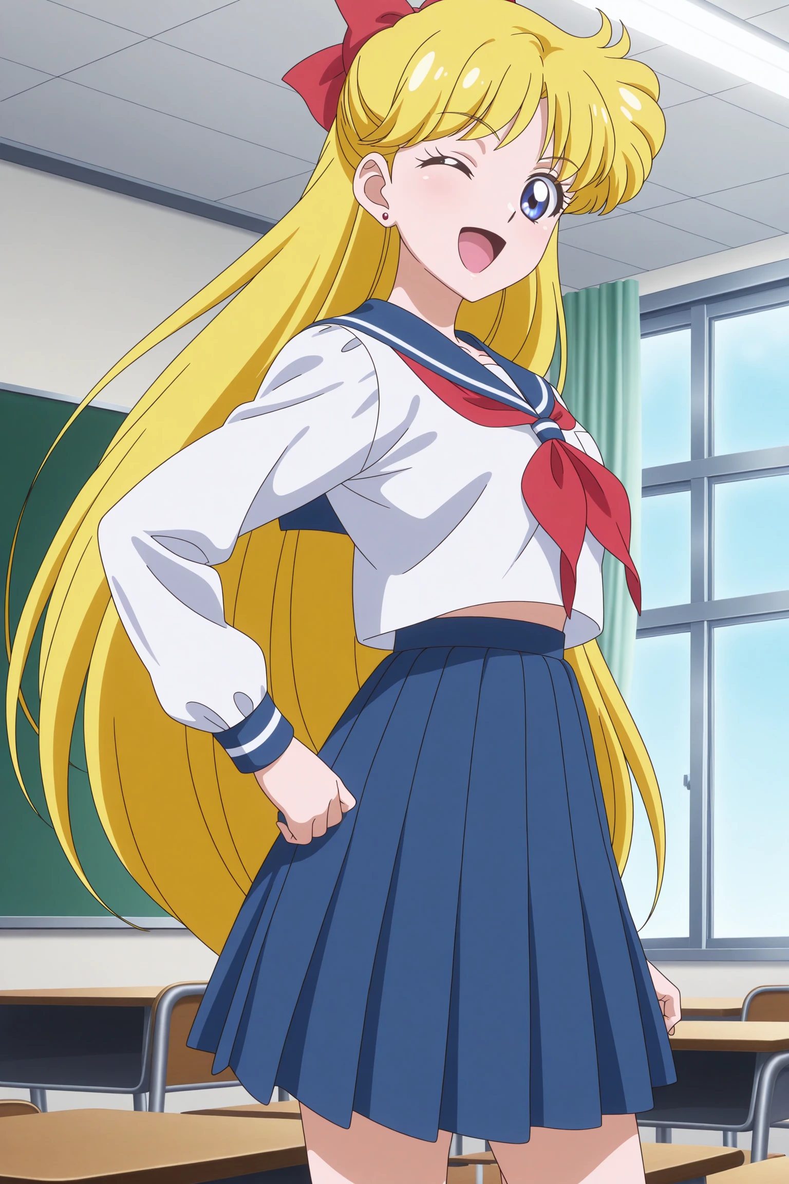 masterpiece, best quality, amazing quality, highres, absurdres, very aesthetic, high resolution, ultra detailed, perfect details, 1girl, solo, indoors, classroom, aino minako, long hair, blonde hair, red hair bow, blue eyes, stud earrings, serafuku, long sleeves, white shirt, blue sailor collar, red neckerchief, blue skirt, pleated skirt, white socks, white kneehighs, black footwear, strappy heels,  <lora:Minako_Aino_ILXL:0.8>, (aged up:1.2), (cowboy shot:1.5), smile, looking at viewer, (pose:1.3), (anime screencap:1.5), (anime coloring:1.5), from side, wink, open mouth