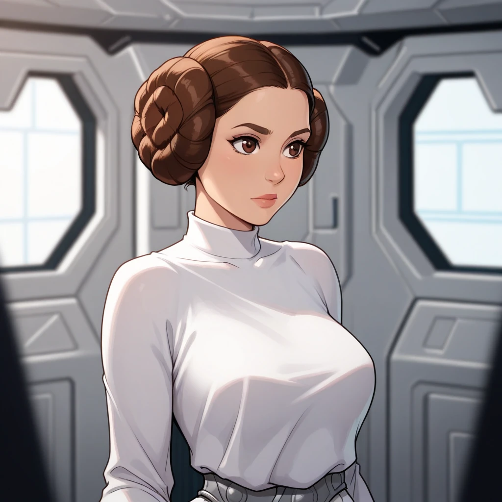 masterpiece, best quality, princessleia, 1girl, solo, brown hair, hair buns, brown eyes, white dress, upper body, <lora:PrincessLeia_illustrious_Leaf1:1>, depth of field, spacecraft interior,