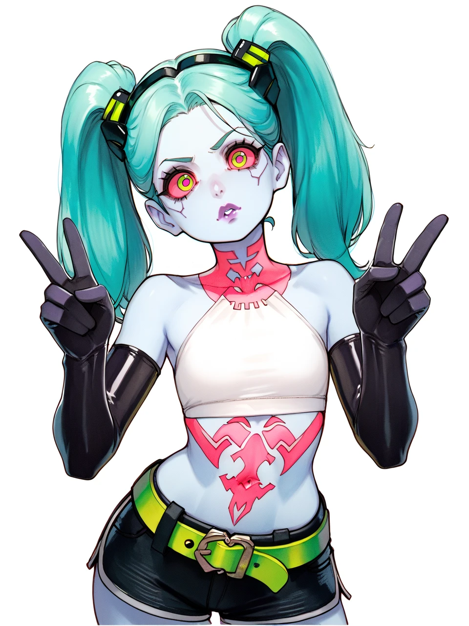 <lora:Style_OmarDogan-PONY:0.85> <lora:CPER_Rebecca-PONY.fp16:0.75> omardogan_style, traditional media, cpbecca, twintails, hair ornament, aqua hair, purple lipstick, colored sclera, artificial eyes, colored skin, parted lips, posing, double v, head tilt, looking at viewer, black gloves, elbow gloves, exposed shoulders, white halterneck, neck tattoo, stomach tattoo, green belt, black shorts, simple background, score_9, score_8_up, score_7_up, score_6_up,