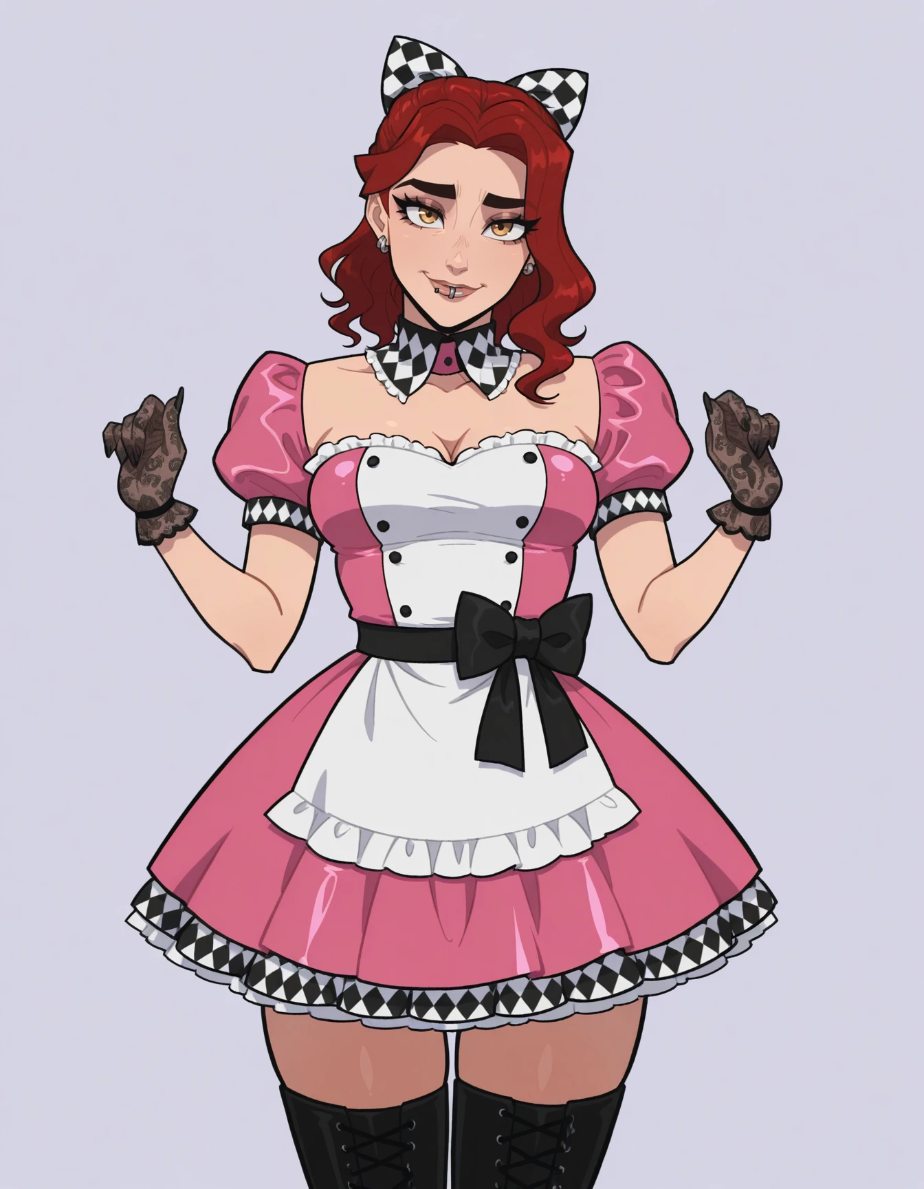 1girl, solo, white apron,pink dress, shiny clothes, satin dress, checkered bow, puffy short sleeves, checkered trim, frills, puffy skirt, hair bow, lace gloves, shirt collar, short gloves, zettai ryouiki, detached collar, waist bow, laced thighhighs, thigh boots,<lora:Outfit_soph-AliceMaid-ILXL:0.9> <lora:Char_redflags-Val-ILXL:0.9> val_flags, ear_piercing, lip_piercing, red hair masterpiece, best quality, very aesthetic, newest