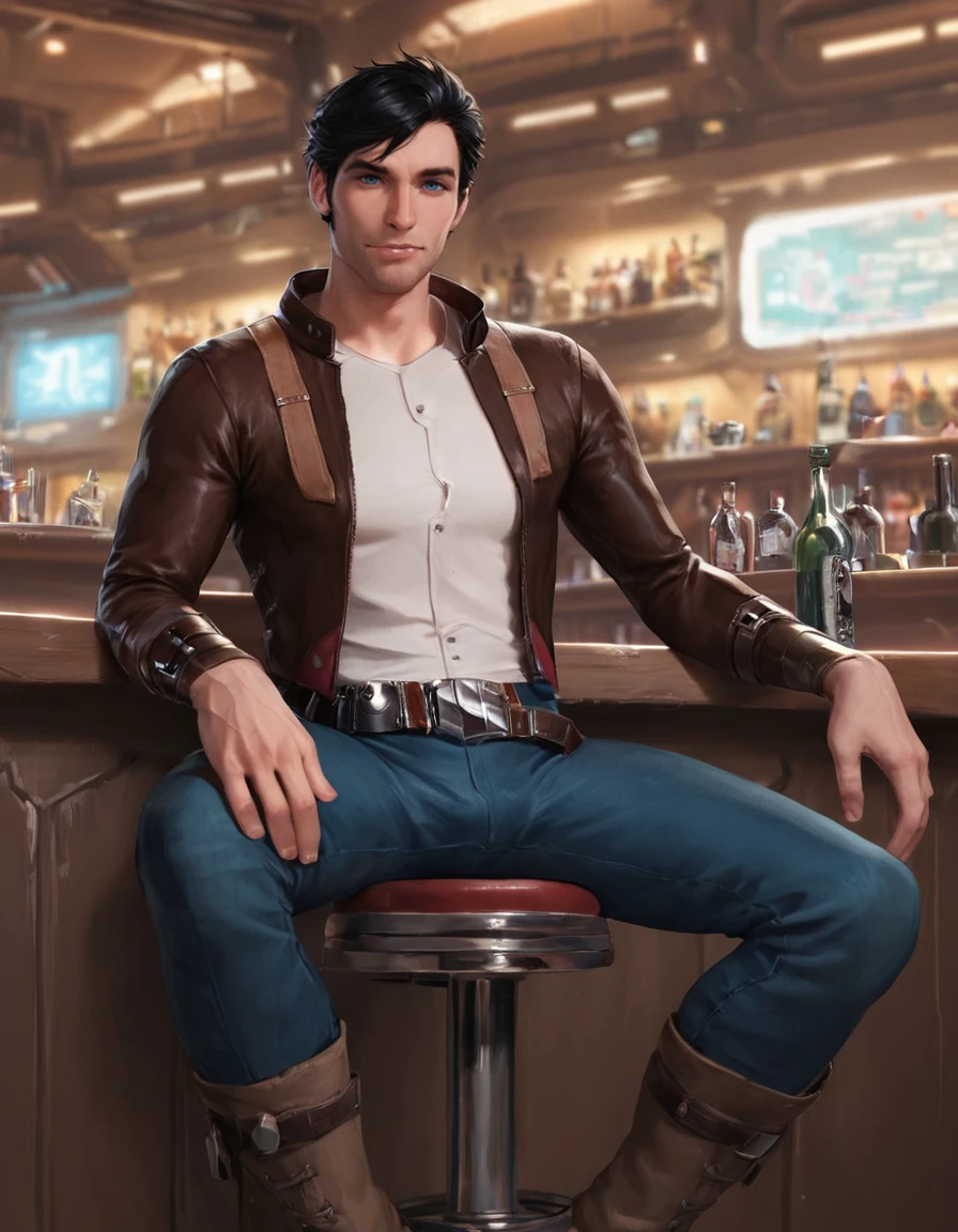 score_9, score_8_up, score_7_up, score_6_up, score_5_up, male focus, solo, <lora:SWTOR_-_Jonas_Balkar_-_Pony_4:0.8>, jonasbalkar, male, black hair, blue eyes, shoulder straps, brown jacket, white shirt, portrait, leather bracers, brown belt, blue striped pants, boots, contrapposto, spacecraft interior, looking at viewer, realistic, sitting on barstool, bar (place)