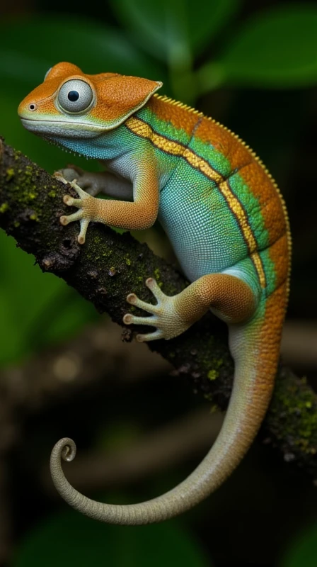 A hyper-realistic macro photograph of a unique hybrid creature, blending the adaptive traits of a chameleon and a newt, rendered with incredible detail using the triggerwords "ReptileMacro" and "AmphibianMacro." Perched delicately on a moss-covered branch in a dense jungle, its body displays a mesmerizing fusion of features: the smooth, moist skin of a newt, glistening with faint translucence, seamlessly transitions into patches of textured, color-shifting scales that shimmer in hues of green, orange, and deep blue, much like a chameleon's adaptive camouflage.
The creature's head is elongated and angular, with a chameleon-like casque crowning its skull, while its large, bulbous eyes rotate independently, giving it a vigilant, almost curious demeanor. The skin along its limbs is soft and pliable, with subtle veins visible beneath its amphibious layer, while the fingers end in sharp, prehensile claws reminiscent of a chameleon, perfectly suited for grasping the uneven surfaces of its jungle home.
Its tail, long and semi-prehensile, features the segmented, glossy texture of a reptile, but it tapers into a smoother, aquatic-like tip, hinting at its amphibious ancestry. Along its flanks, faint bioluminescent streaks pulse gently, casting a soft blue glow that contrasts with its otherwise earthy coloration. Tiny water droplets cling to its body, refracting the ambient light and highlighting the blend of organic textures—slick and moist in some areas, matte and rugged in others.
The background is a blurred tapestry of rich greens and browns, capturing the misty atmosphere of the jungle, while the foreground brings every detail of this extraordinary chameleon-newt hybrid into sharp focus. The interplay between its amphibian softness and reptilian toughness creates a creature that feels both alien and grounded in nature, perfectly suited to its mysterious habitat.