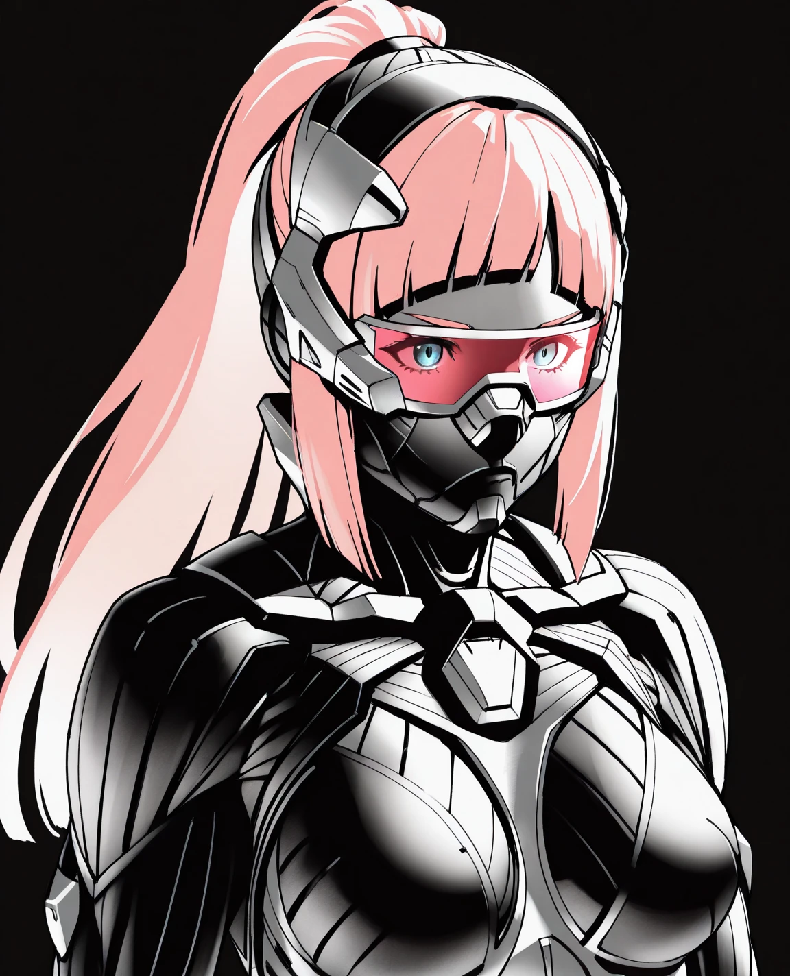 masterpiece, best quality,
edgNanosuit, visor, simple background, glowing reds, monochrome, helmetless, black background, spot color, power armor, wearing edgNanosuit_bodysuit,science fiction,1girl,solo, breasts,
<lora:edgNanosuitILS:1>
<lora:felicia-fe-richy-v1_ixl:1> f1cdf, blue eyes, pink hair, long hair, ponytail, sidelocks, blunt bangs,