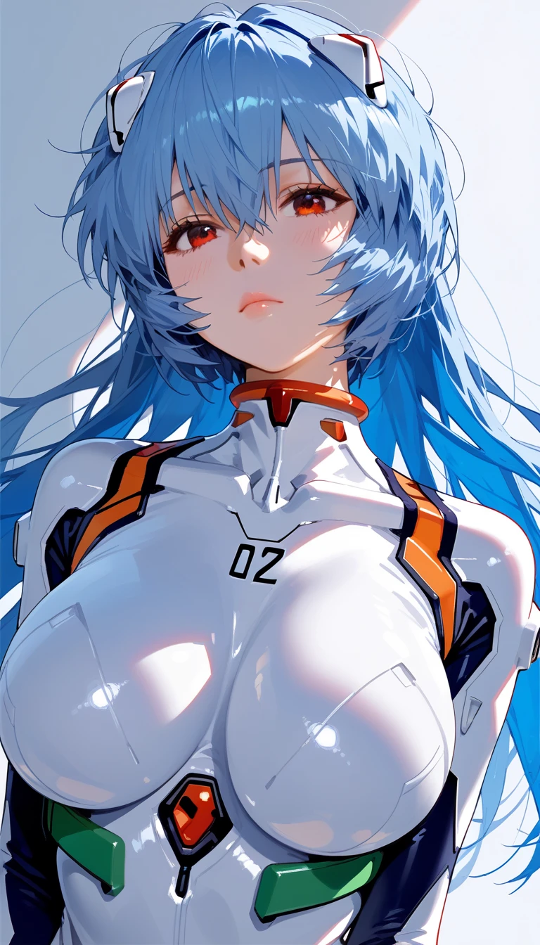 girl,solo,face focus, ayanami_rei,rei ayanami, blue hair, ((long hair, Messy Hair:1.2)),red eyes, head gear, large huge breast, bodysuit, headgear, plugsuit, neon_genesis_evangelion, white bodysuit, boots, closed mouth,blush,Expressionless,
BREAK,masterpiece, best quality,score_7_up,score_8_up,score_ 9, score_5_up,score_6_up,