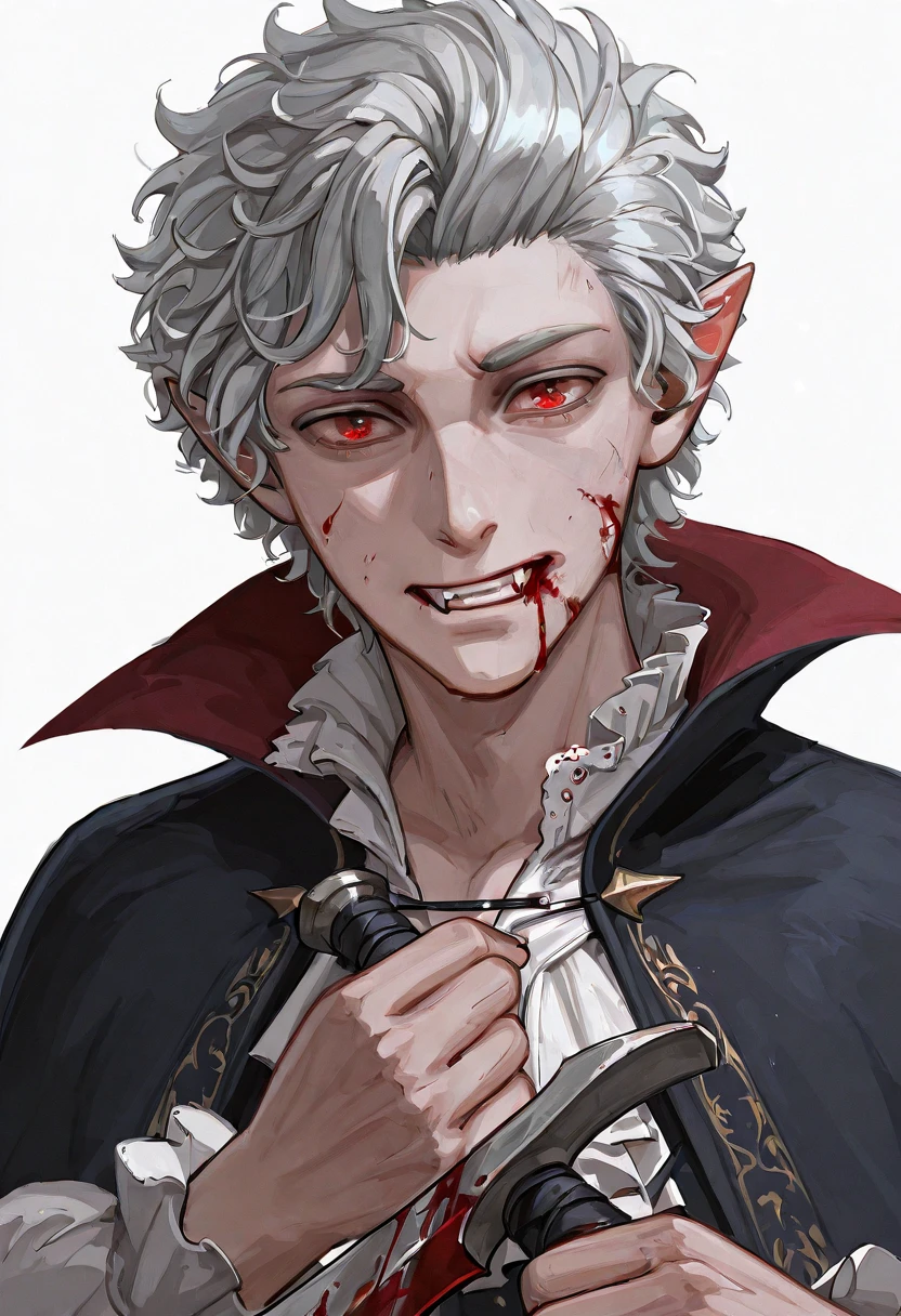 Tall man vampire, extremely crazy, medium white hair, Eyes red