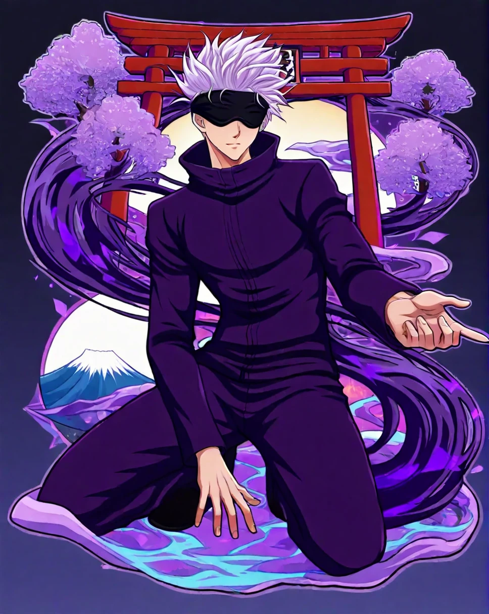 gojou satoru, white hair, purple pants, high collar, blindfold, covered eyes, black blindfold, purple jacket, purple pants, 1boy, solo, alone, torii, mount fuji, sun, <lora:pin_design_illustriousXL:1>, pindesign, outline, masterpiece, highres