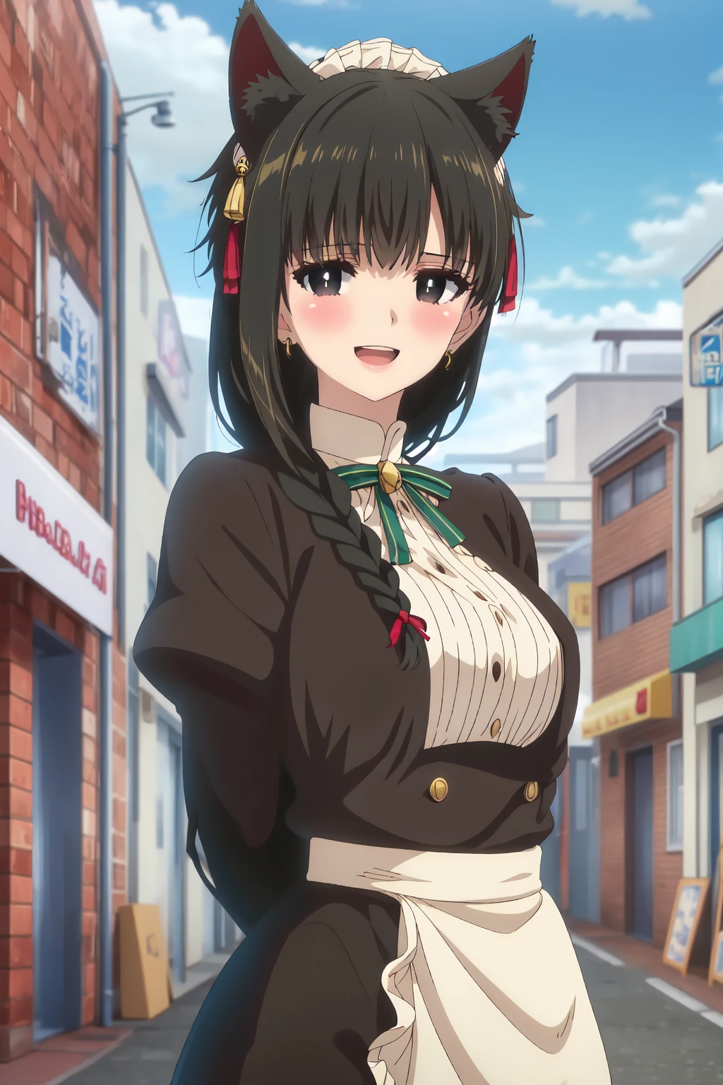 Yuki Yokoya, (8k, HD), 1 girl, alone, long hair, black hair, hair ornament, braid, black eyes, single braid, medium breasts, shoulder length hair, looking at viewer, blushing, smiling, open mouth, animal ears, upper body, earrings, outdoors, sky, day, cloud, cat ears, blurry, blue sky, animal ear fluff, maid headdress, bell, blurred background, building, bell, hair bell, arms behind back