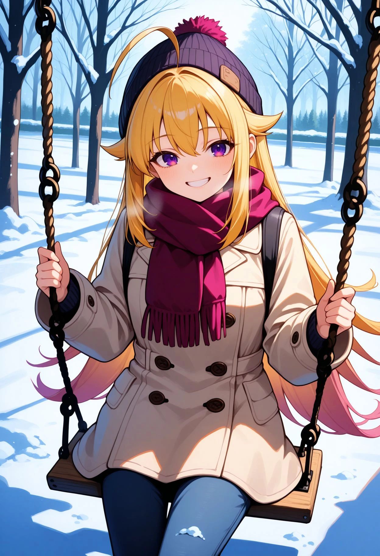masterpiece,best quality,absurdres,highres,very aesthetic,high quality,detailed,insanely detailed,beautiful,perfect lighting,
1girl,solo,
smile, standing, grin,
<lora:Koshitan :1> 1girl, ahoge, blonde hair, purple eyes, hair flaps, long hair, winter clothes, beanie, scarf, coat, pants, sitting, swinging, outdoors, park, snow, tree, swing,