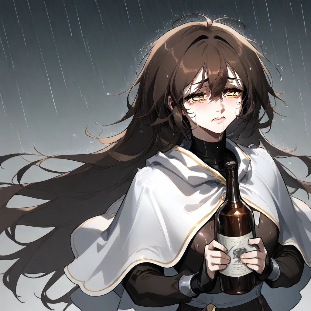 Wi Seol Ah, long hair brown hair, yellow eyes, black turtleneck, white capelet, sad face, rain background, holding a bottle wine