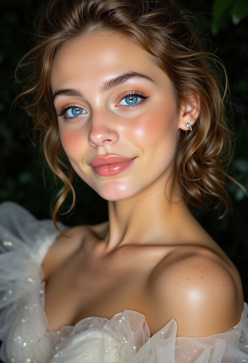 A stunning FACE CLOSE UP portrait of a YOUNG 18 YO GIRL , BLUE EYES, SMILING, wearing an elegant couture gown, aidmaimageupgrader,Captured with a Hasselblad X2D 100C and an 80mm f/1.9 lens, hyper-realistic textures, soft studio lighting, elegant shadows, styled for a Vogue beauty editorial, incredible realism, creamy bokeh, ultra-detailed textures, perfect lighting, styled for a Vogue coveR,aidmaimageupgrader