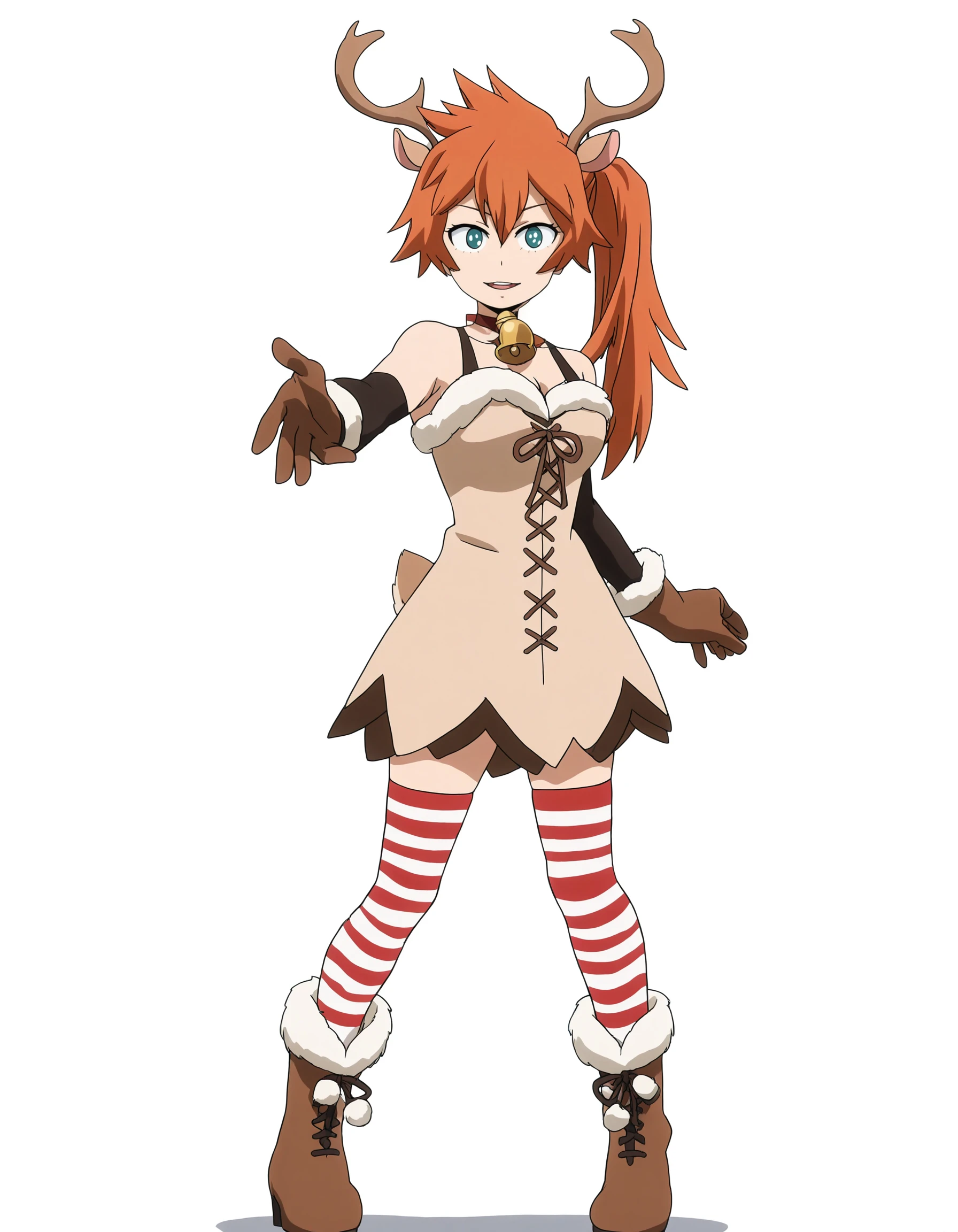 solo, full body, perfect composition, shadows, shading, <lora:anime_screencap-Illustrious:0.65> anime screencap, anime coloring, very aesthetic, absurdres, zPDXL, <lora:Pony_DetailV2.0:0.5> <lora:illustrious_quality_modifiers_masterpieces_v1:1>
<lora:ItsukaK:1> 1tsuk2, 1girl, aqua eyes, side ponytail, orange hair, deer ears, antlers, bell choker, female focus, looking at viewer, smile, open mouth, defined lips, standing, dynamic pose,
beige dress, christmas_outfit, brown gloves, black elbow gloves, cross-laced dress, striped thighhighs, boots, fur trim,
white background, simple background,