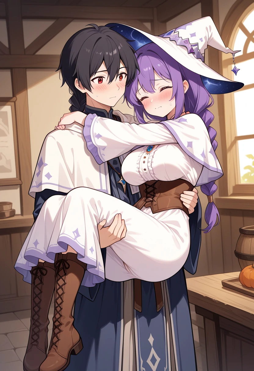 1girl,1boy,hetero,ailand,melitaphyllis, mainoutfit, 1girl, breasts, blush, bangs, large breasts, red eyes, purple hair,braided ponytail,
long sleeves, dress, , boots, wide sleeves, star, (symbol), white dress, capelet, brown footwear, corset, long dress, underbust, witch, white capelet,no headwear, blush,embarrassed,princess carry, ,closed eyes,, clothing aside, witch_hat,white_hearwear,hug
BREAK
1boy,black_hair,hug, looking at another, cloak,necklace
<lora:melita_phyllis_v1_illustrious:1>,
indoors