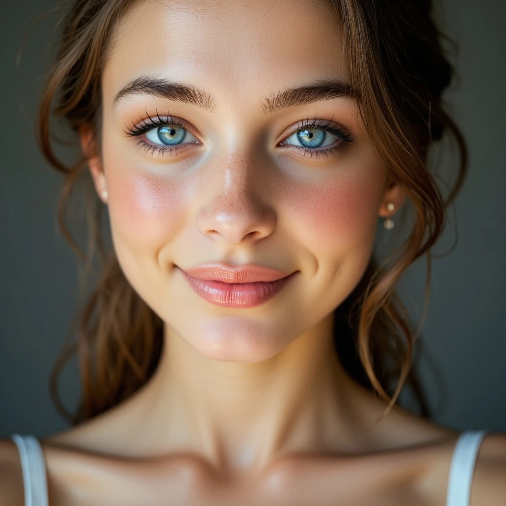 A stunning FACE CLOSE UP portrait of a YOUNG 18 YO GIRL , BLUE EYES, SMILING, wearing an elegant couture gown, aidmaimageupgrader,Captured with a Hasselblad X2D 100C and an 80mm f/1.9 lens, hyper-realistic textures, soft studio lighting, elegant shadows, styled for a Vogue beauty editorial, incredible realism, creamy bokeh, ultra-detailed textures, perfect lighting, styled for a Vogue coveR,aidmaimageupgrader