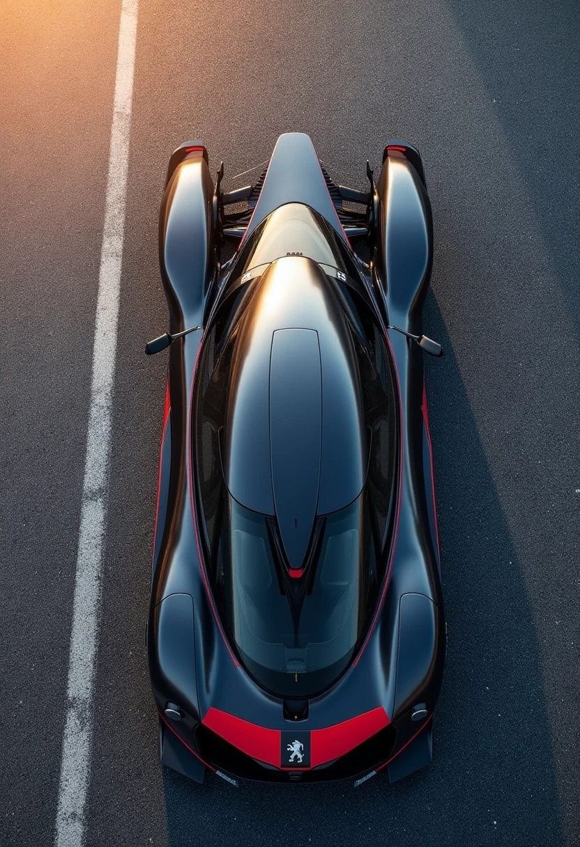 A wide-shot of a Peugeot yfg-hpr on a racetrack. Picture taken from above.